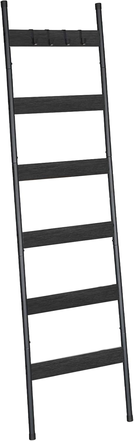HOOBRO Blanket Ladder, 5-Tier Towel Rack with Hooks, Wall-Leaning Blanket Rack, Decorative Display Ladder Shelf, for Scarves, Industrial, Living Room, Bedroom, Rustic Brown and Black BF52CJ01
