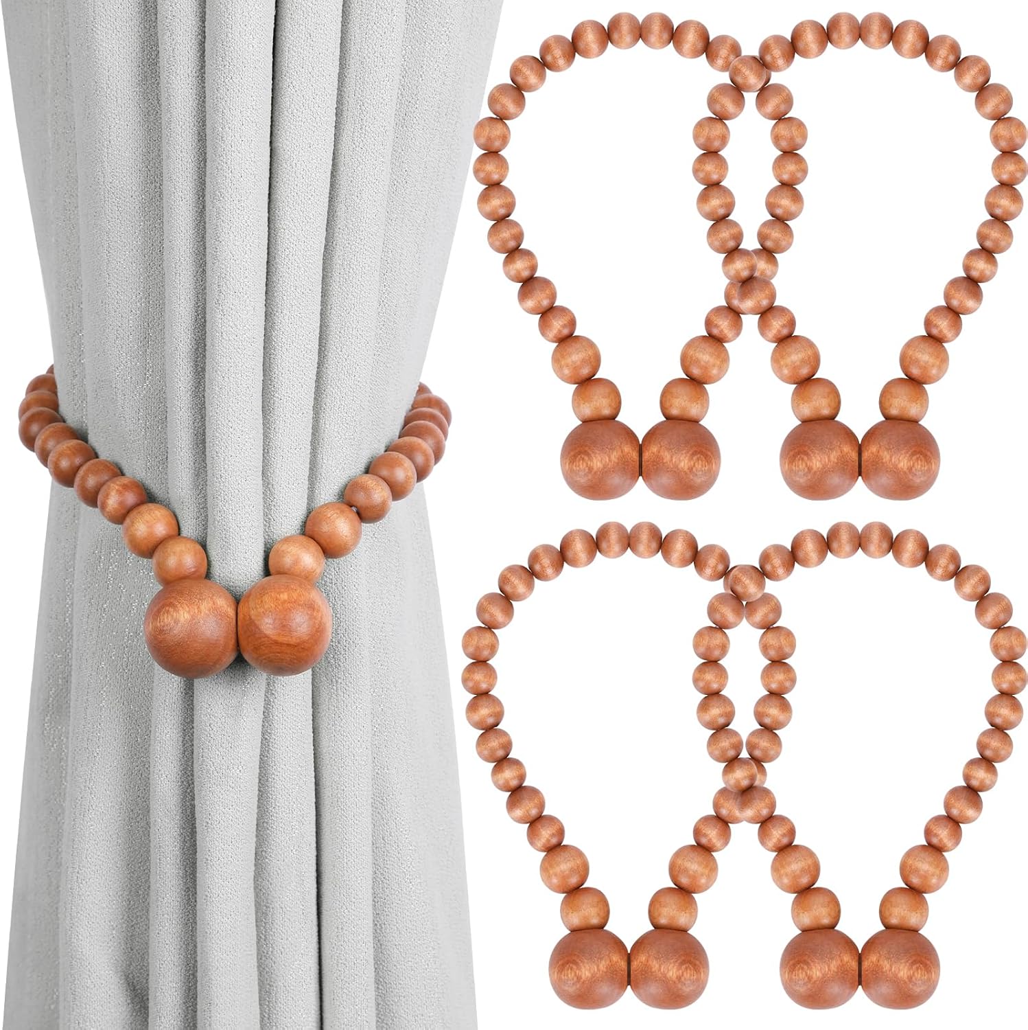 KLOGTSIND Magnetic Curtain Tiebacks, Curtain Holdbacks for Curtains 2 Pack, Wood Bead Curtain Holders for Boho Bedroom Decor, Baby Nursery Decor, Farmhouse Decor