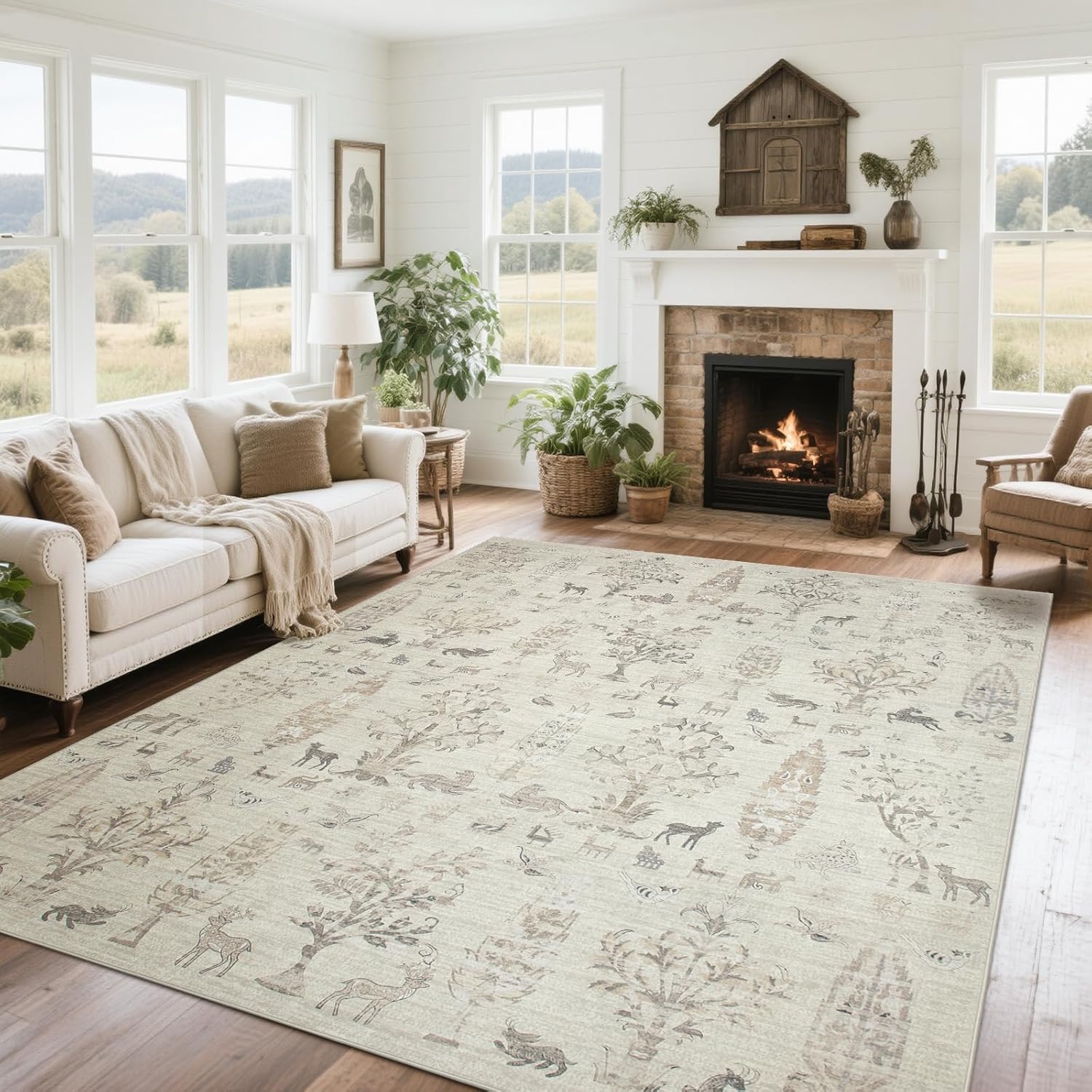 Srugn Washable Rugs 8x10 Area Rugs for Living Room,Ultra Soft Faux Wool Retro Rugs for Bedroom,Dining Room,Non Slip&Non-Shedding Low Pile Vintage Print Rug Indoor Large Carpets for Home Office Decor