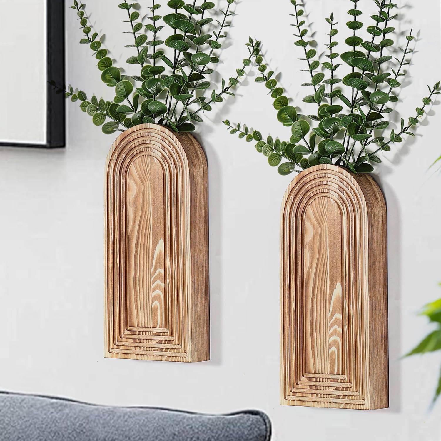 Dnnnii 2 Pack Wooden Wall Vase Set - Brown Finish Modern Farmhouse & Boho Wall Decor for Entryway, Hallway, Bathroom, Living Room, Dining Room, Narrow Spaces