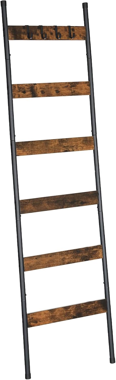 HOOBRO Blanket Ladder, 5-Tier Towel Rack with Hooks, Wall-Leaning Blanket Rack, Decorative Display Ladder Shelf, for Scarves, Industrial, Living Room, Bedroom, Rustic Brown and Black BF52CJ01