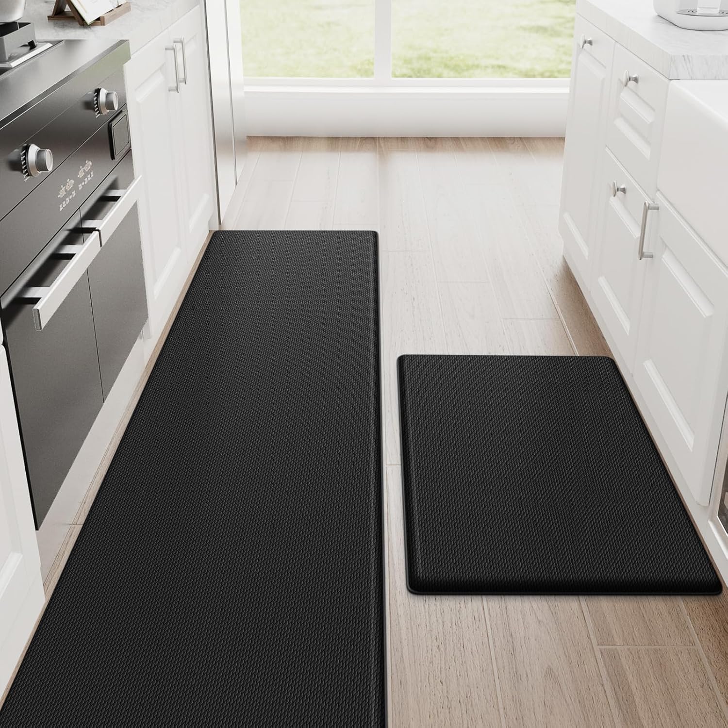StepRite Kitchen Mats, 2PCS Kitchen Rugs, Cushioned Anti Fatigue Kitchen Mats for Floor, Non-Slip Standing Desk Mat, Waterproof Kitchen Rug Set for Kitchen, Floor, Office, 17.3x30+17.3x47, Black