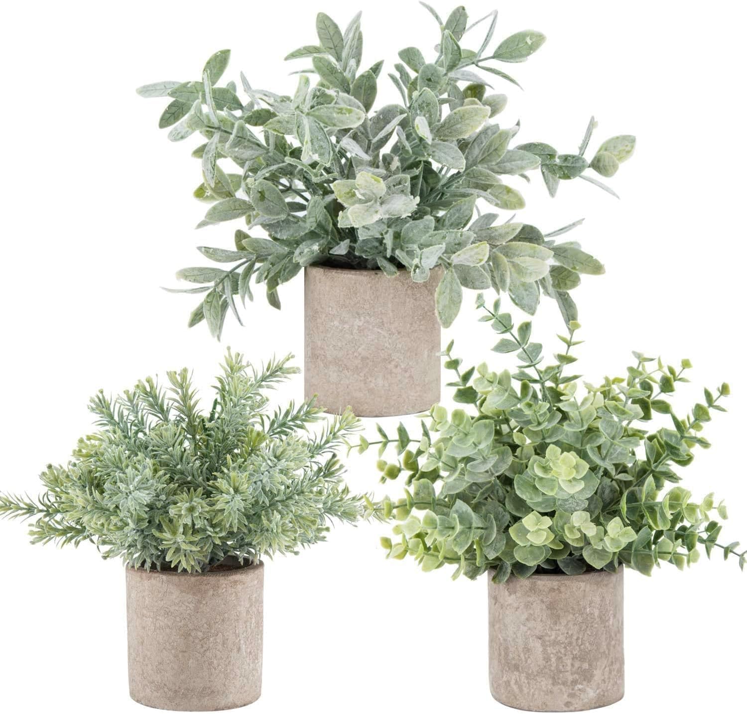 Der Rose 3 Pack Mini Potted Fake Plants Artificial Plastic Eucalyptus Plants Topiaries for Home Office Desk Farmhouse Shelf Room Bathroom Decor(Sage Green)