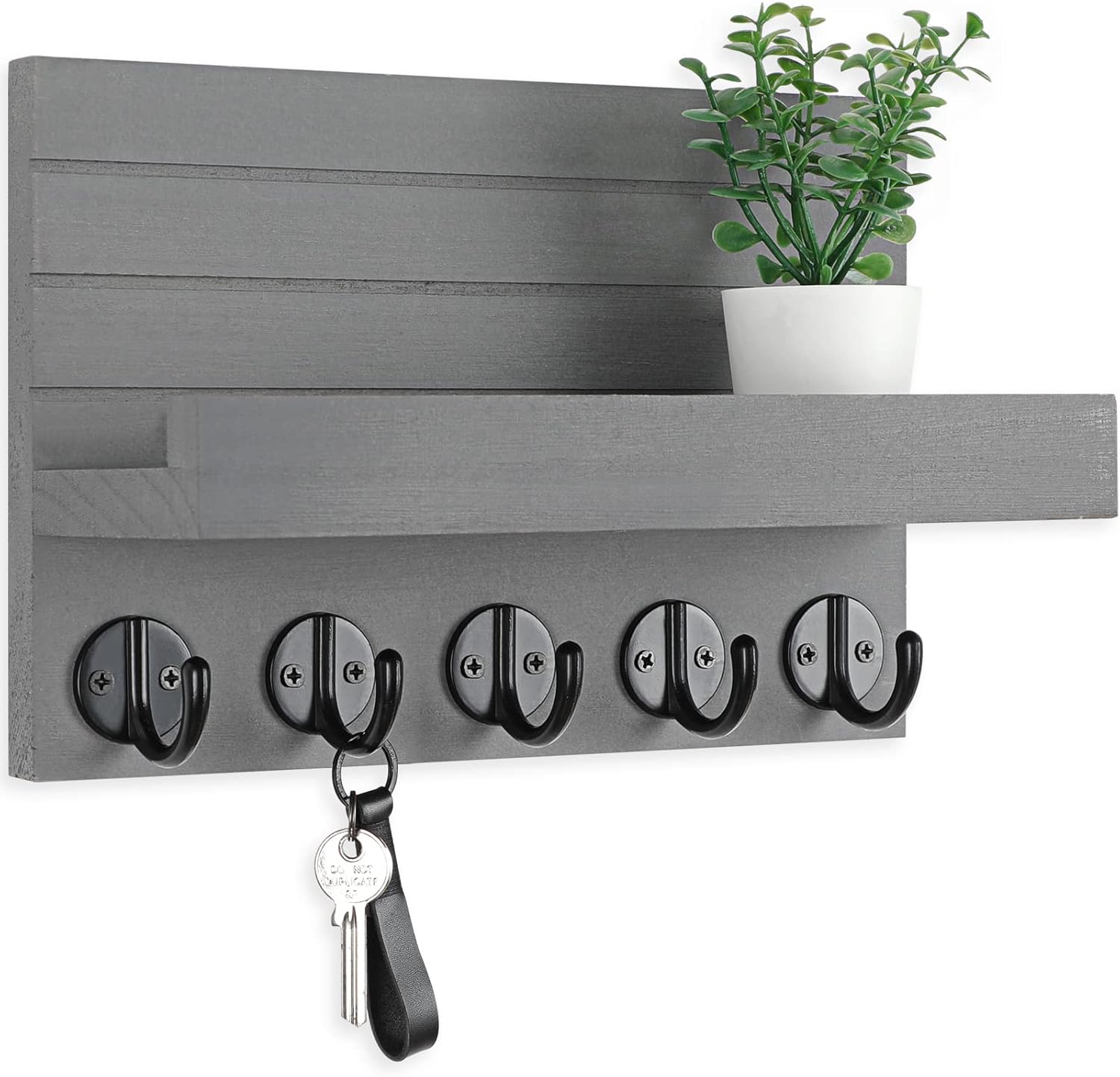 Lwenki Key Holder for Wall, Decorative Key and Mail Holder with Shelf Has Large Hooks for Bags, Coats, Umbrella – Paulownia Wood Key Hanger with Mounting Hardware (9.8”W x 6.7”H x 4.2”D)