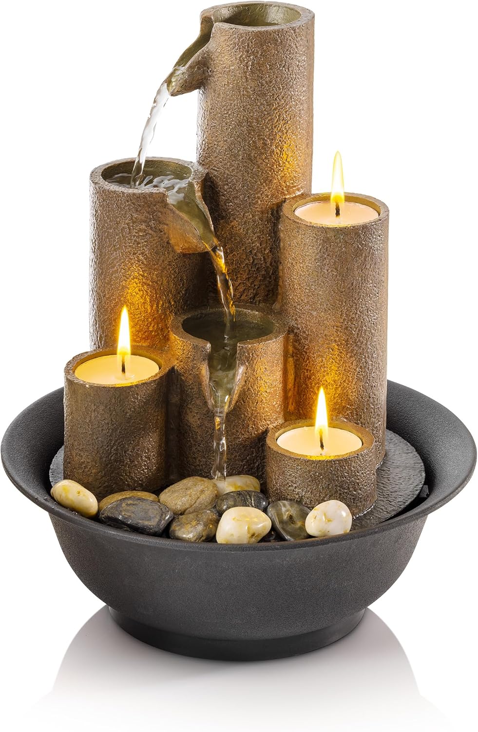 Alpine Corporation WCT202 Indoor Tabletop Tiered Water Fountain Featuring 3 Candles for Desktop and Table, 11, Brown