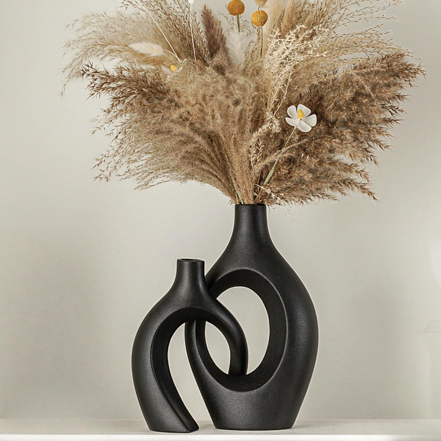 Lvases Snuggle Hollow Ceramic Vase Set of 2, Nordic Modern Boho ins Style Decorative Ceramic Aesthetic Flower Vase for Home Decor (Milky White W 6.3 X H 8.4)