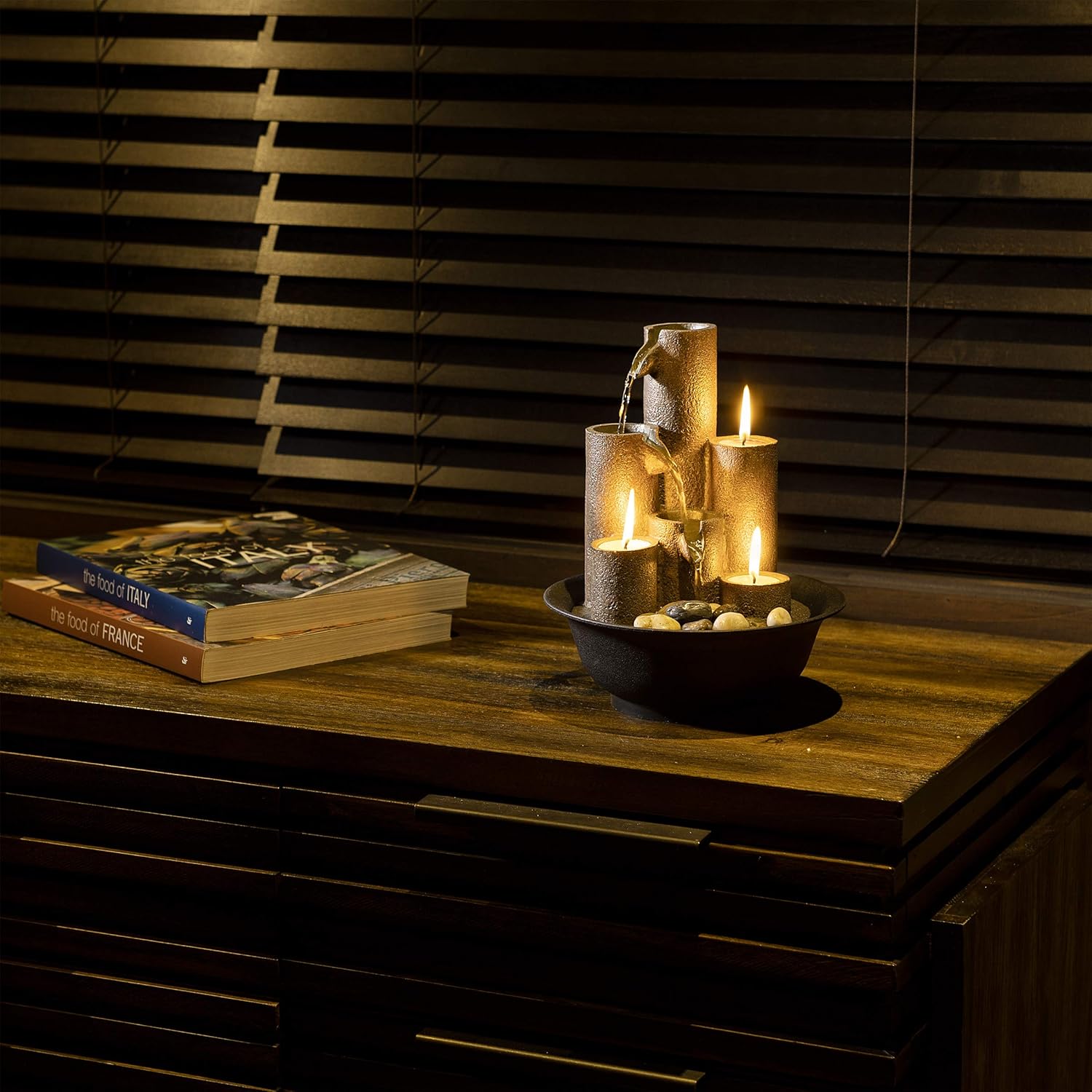 Alpine Corporation WCT202 Indoor Tabletop Tiered Water Fountain Featuring 3 Candles for Desktop and Table, 11, Brown