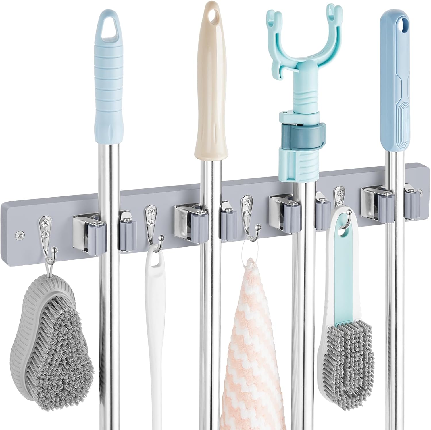 OUTNILI Mop and Broom Holder Wall Mount - Rustic Wood Broom Mop Hanger - Wall Mounted Garden Tool Rack Organizer for Closet Garage Laundry Room Kitchen Decor With 4 Slots & 4 Hooks