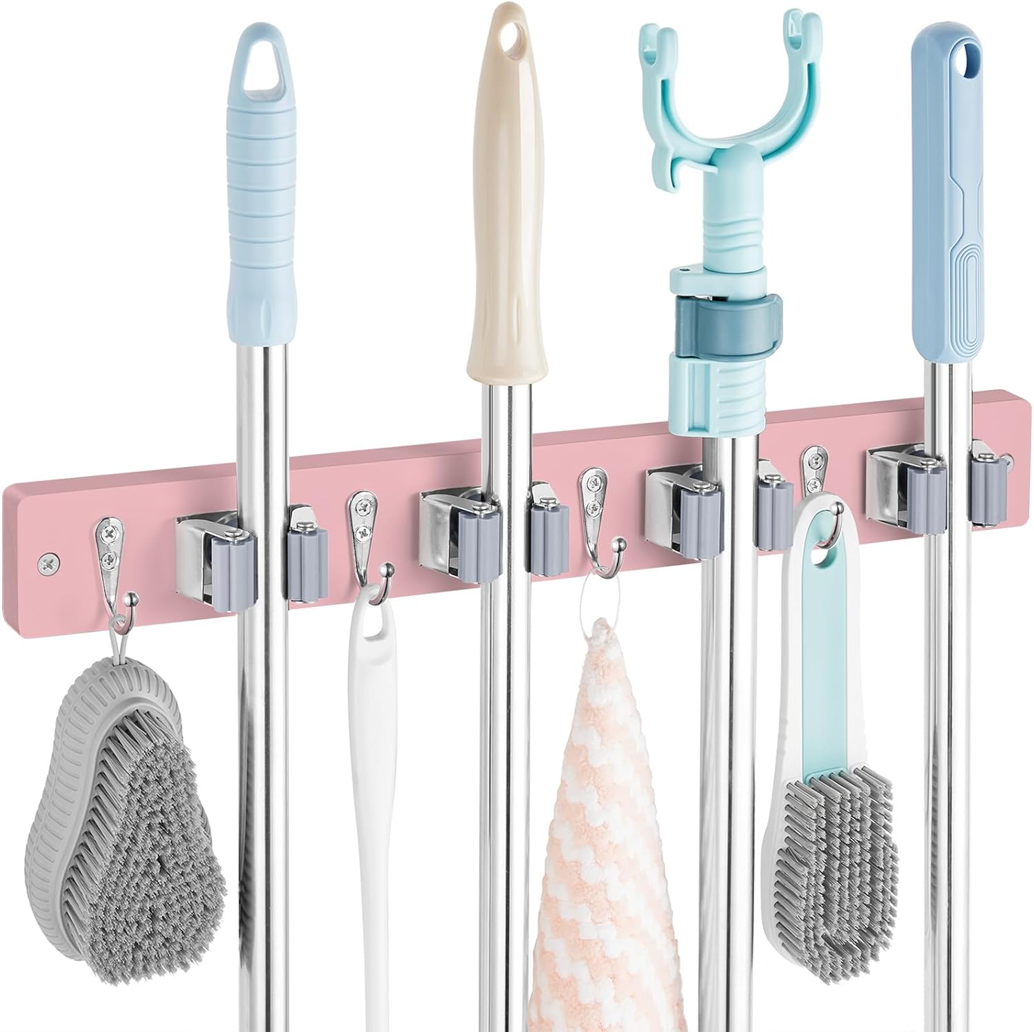 OUTNILI Mop and Broom Holder Wall Mount - Rustic Wood Broom Mop Hanger - Wall Mounted Garden Tool Rack Organizer for Closet Garage Laundry Room Kitchen Decor With 4 Slots & 4 Hooks