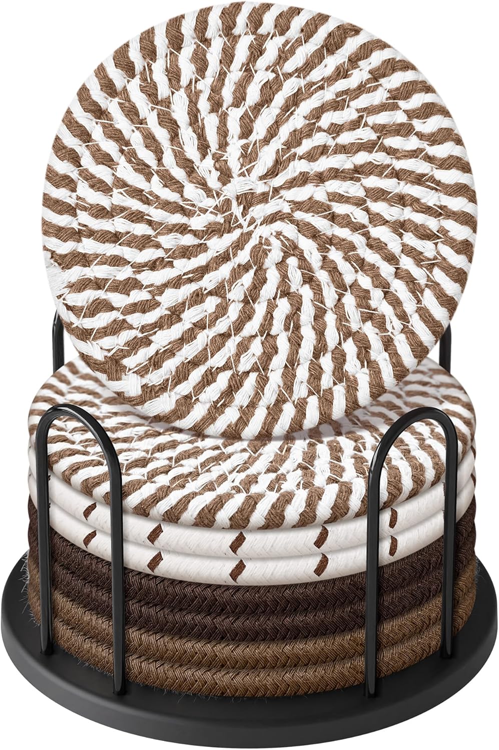 Lazebox Coasters Set of 8 for Drinks, Beer, Coffee, Cotton Woven 4 Colors Absorbent Coaster with Holder, Boho Coasters for Home Decor Tabletop Protection Suitable for Kinds of Cups, Coffee