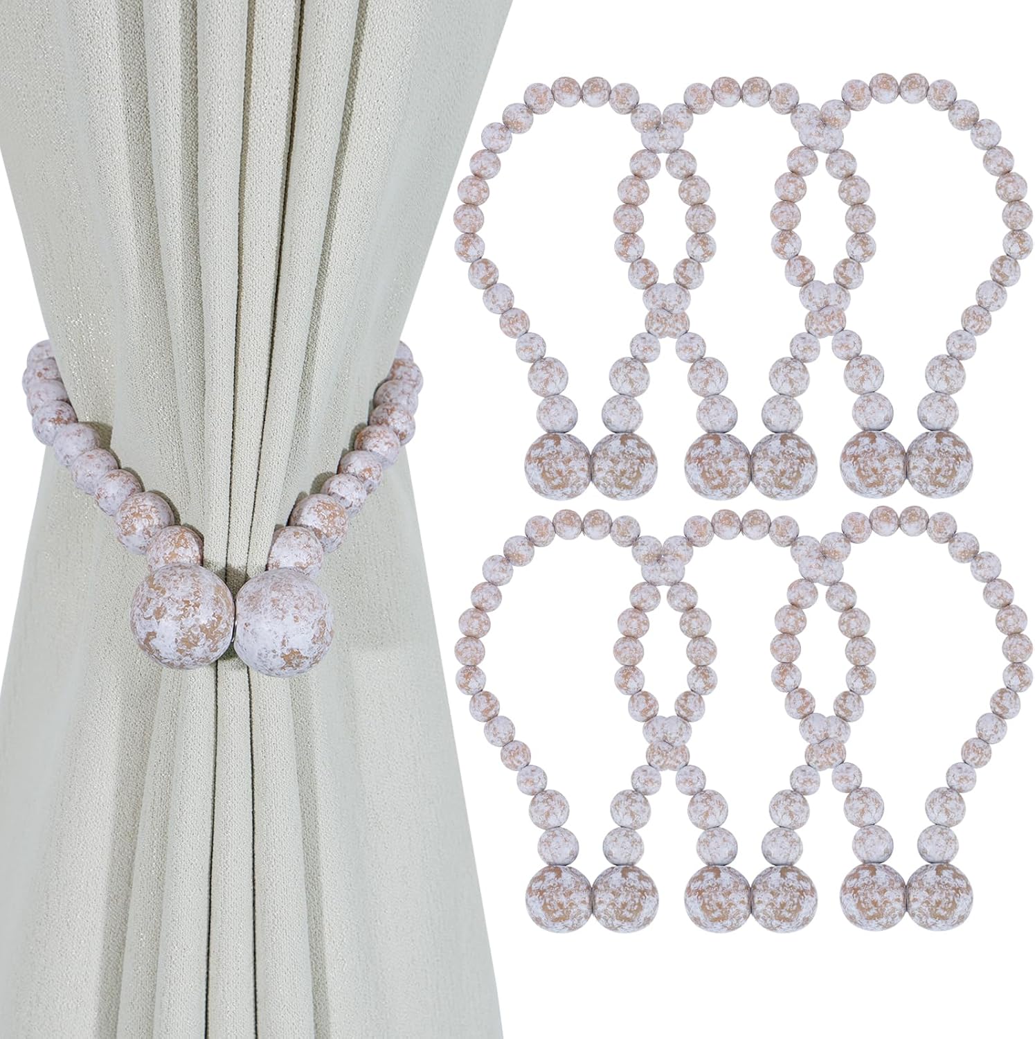 KLOGTSIND Magnetic Curtain Tiebacks, Curtain Holdbacks for Curtains 2 Pack, Wood Bead Curtain Holders for Boho Bedroom Decor, Baby Nursery Decor, Farmhouse Decor