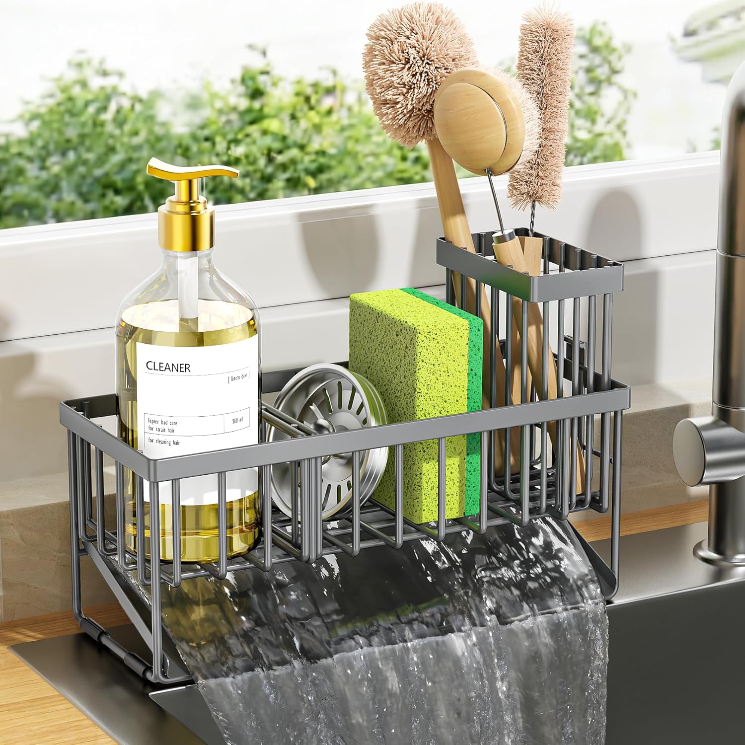 Cisily Sink Caddy Sponge Holder for Kitchen with Brush Holder and Stainless Steel Self Drain Tray, Rustproof Kitchen Sink Organizer for Sponge, Soap Dispenser Storage Accessories