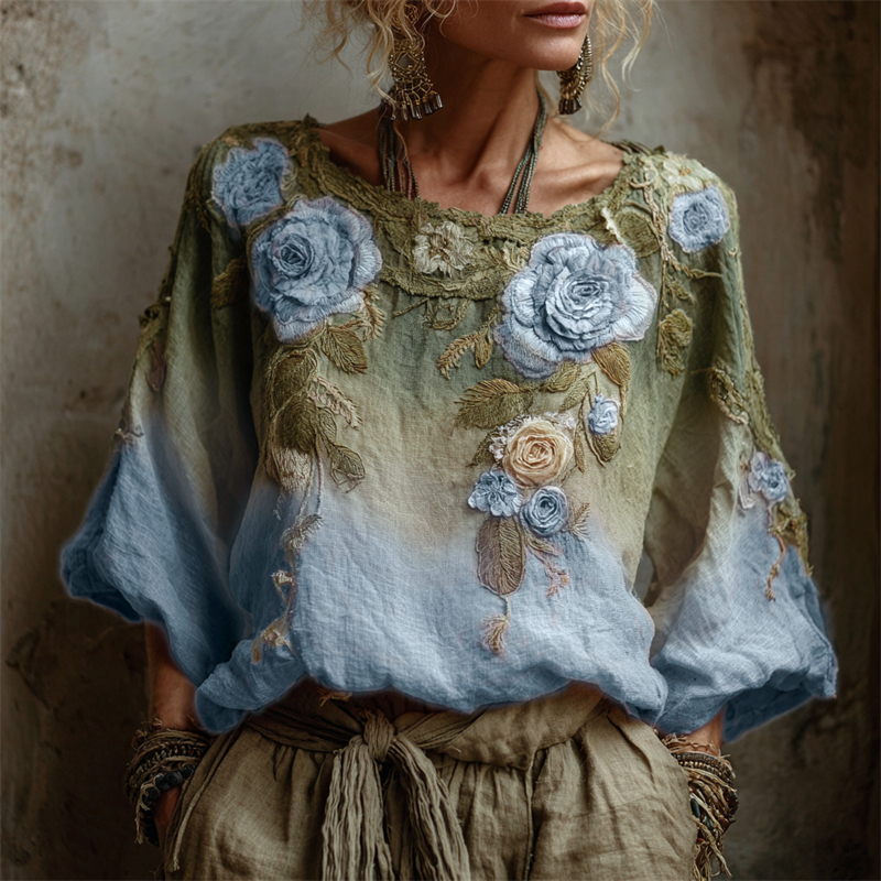 Vintage Pink Roses Forest Gradient Linen Tunic