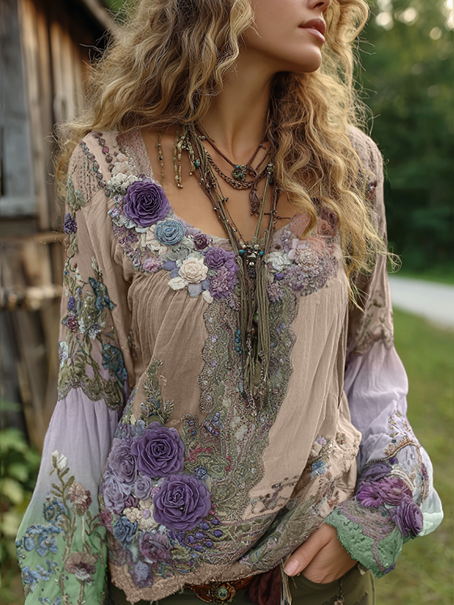 Vintage Purple Lavender And Floral Embroidered Linen Long Sleeve Shirt