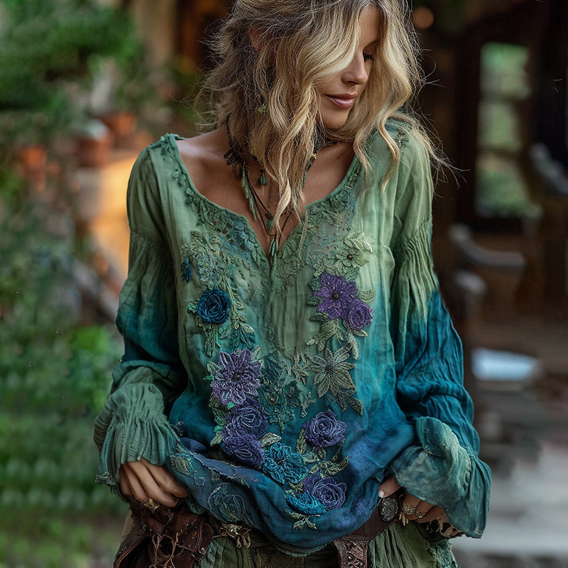 Vintage Classy Gradient Blue Rose And Floral Embroidered Art Linen Shirts