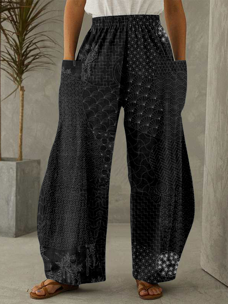 VChics Japanese Traditional Sashiko Art Wide Leg Casual Pants