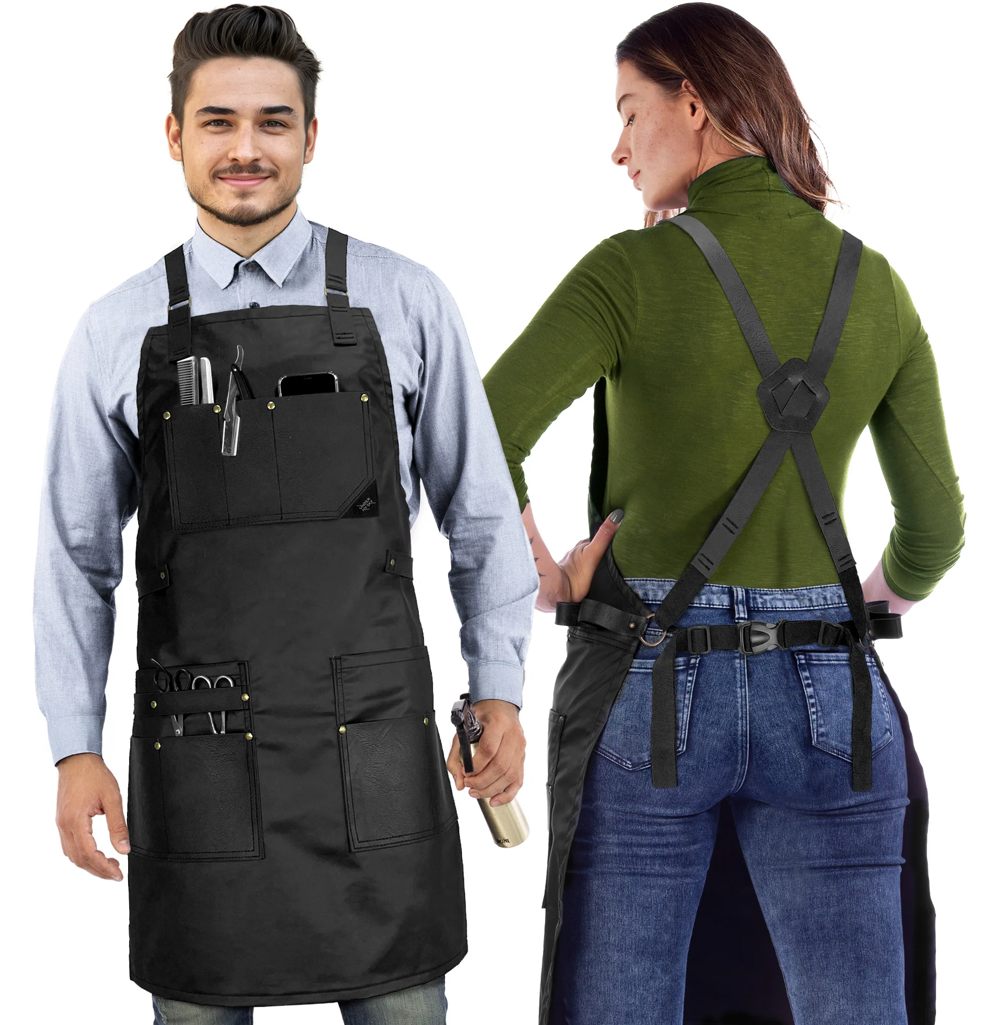 Barber Apron - Leather Straps, Pockets, Loops & Reinforcements - Crossback - Water Resistant