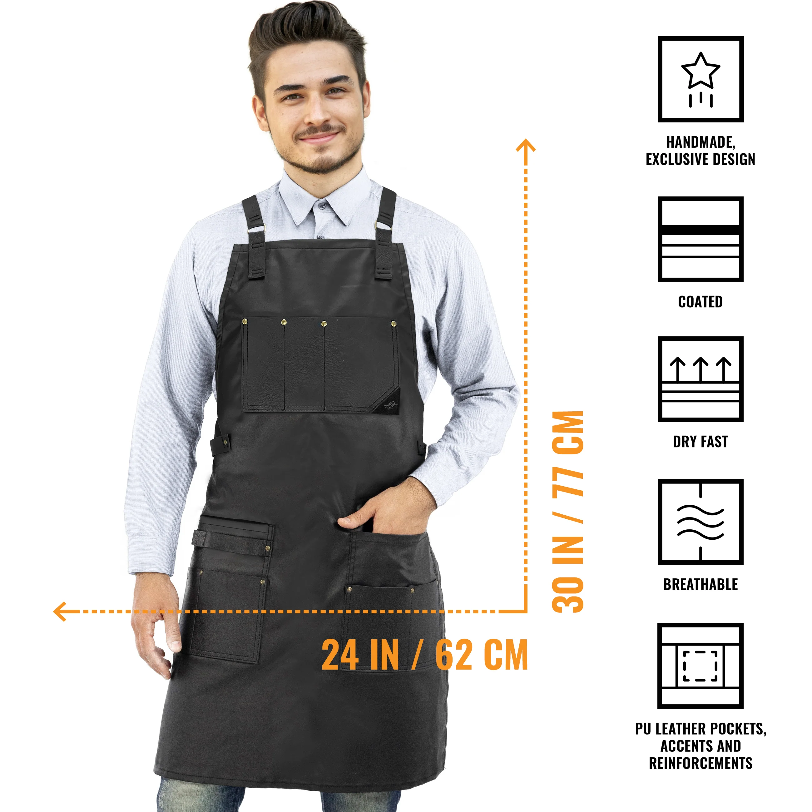 Barber Apron - Leather Straps, Pockets, Loops & Reinforcements - Crossback - Water Resistant