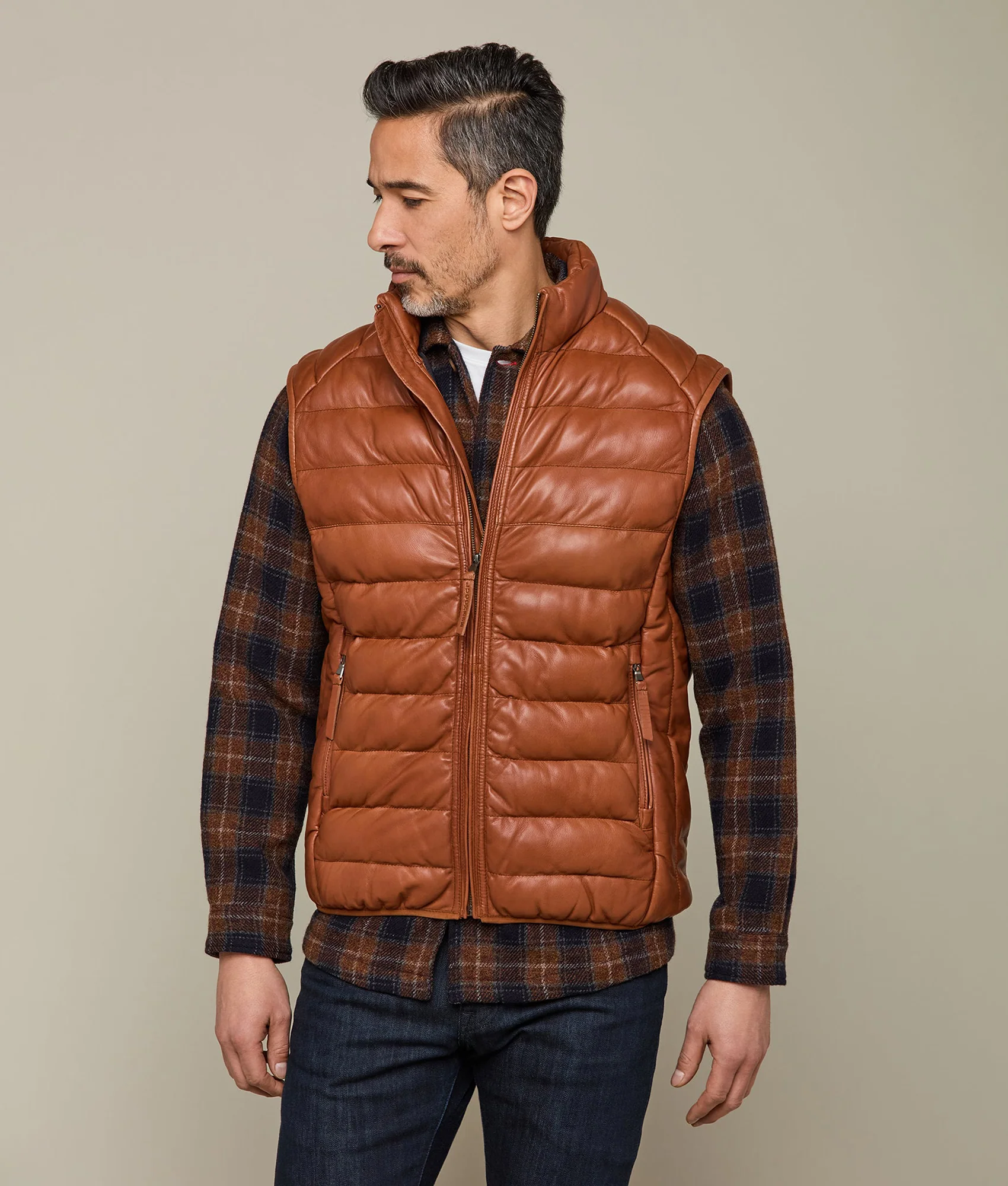 Men's Leather Puffer Vest :: Cognac