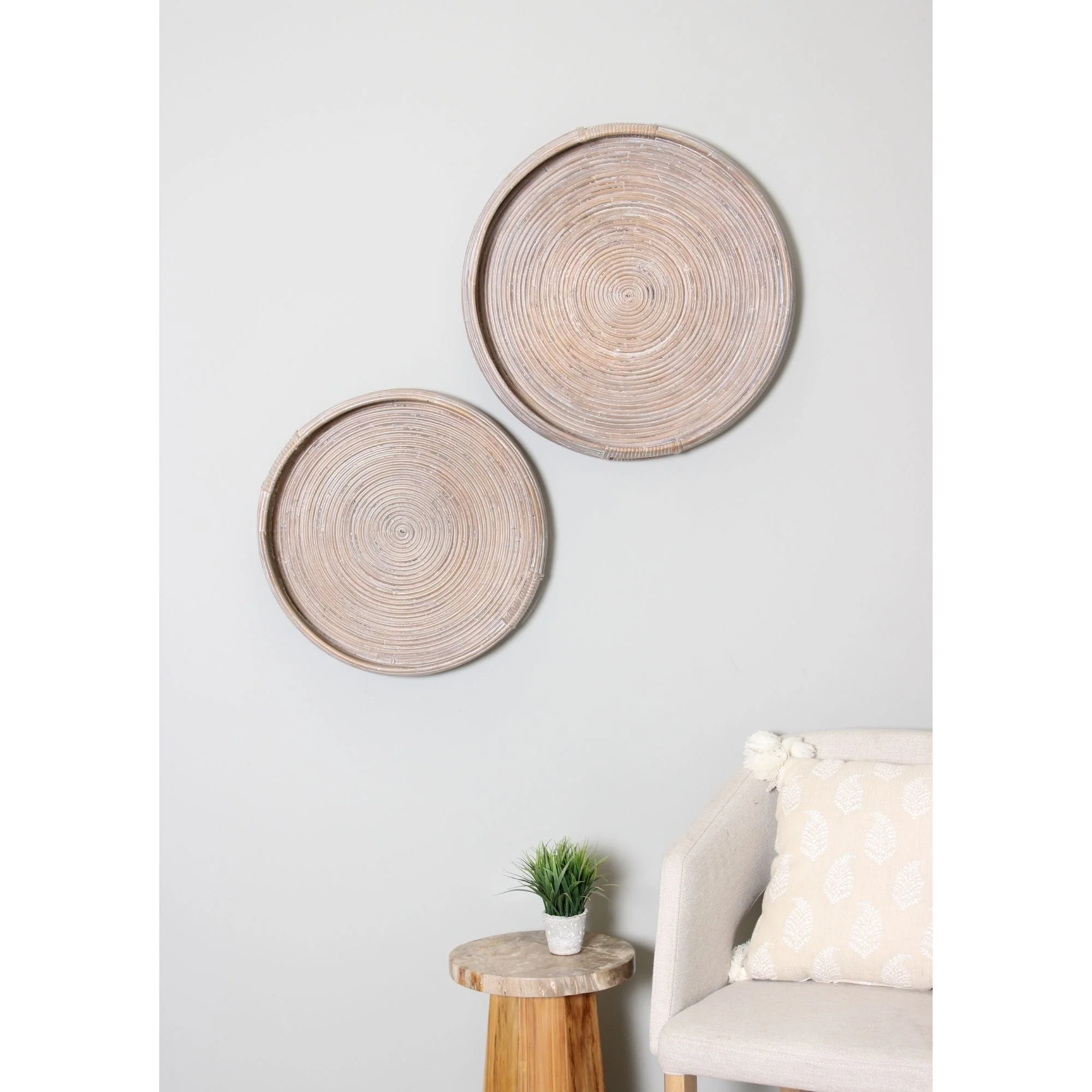 Nami Whitewashed Rattan Round Tray, Set of 2