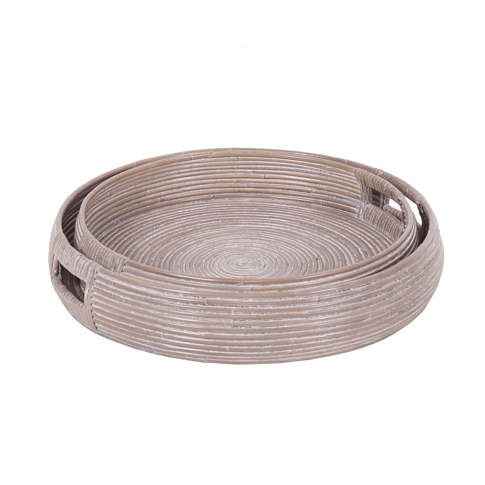 Nami Whitewashed Rattan Round Tray, Set of 2
