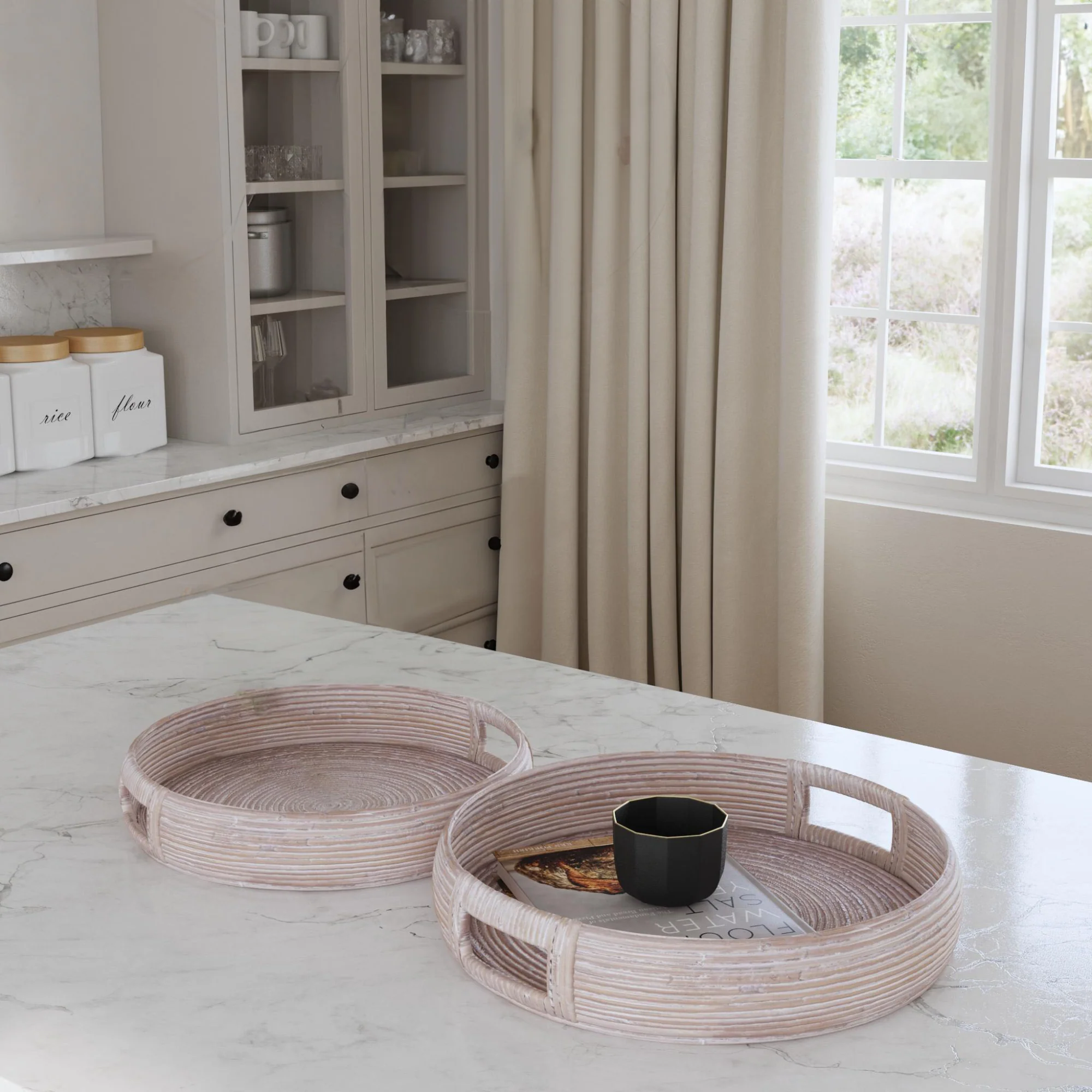 Nami Whitewashed Rattan Round Tray, Set of 2