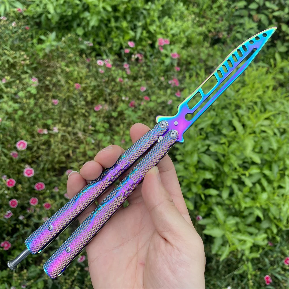 Stainless Steel Rainbow Color Scorpion Relief  Blunt Blade Balisong Butterfly Knife Trainer