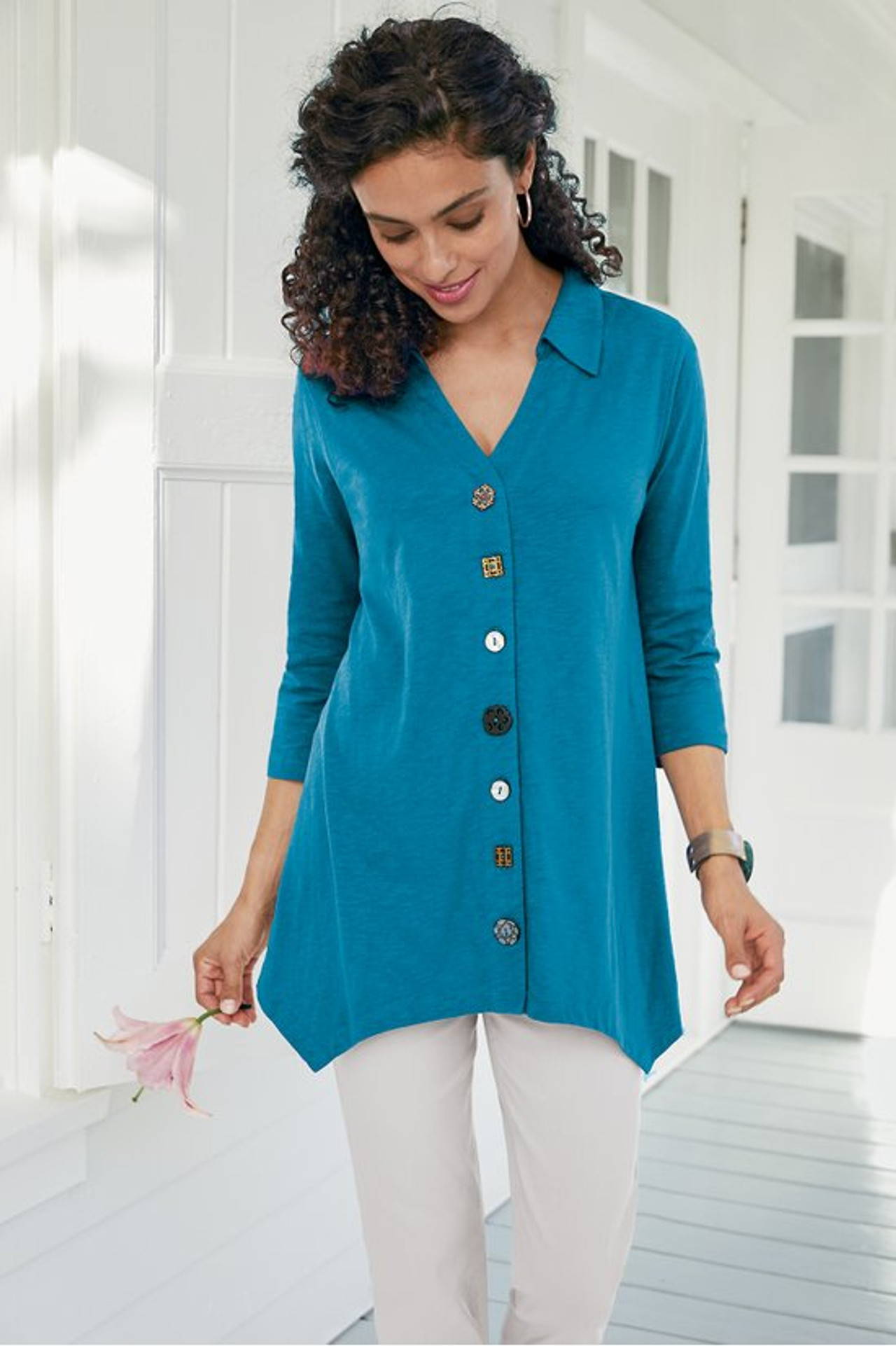Danielle Button 3/4 Sleeve Tunic - Soft Surroundings Outlet