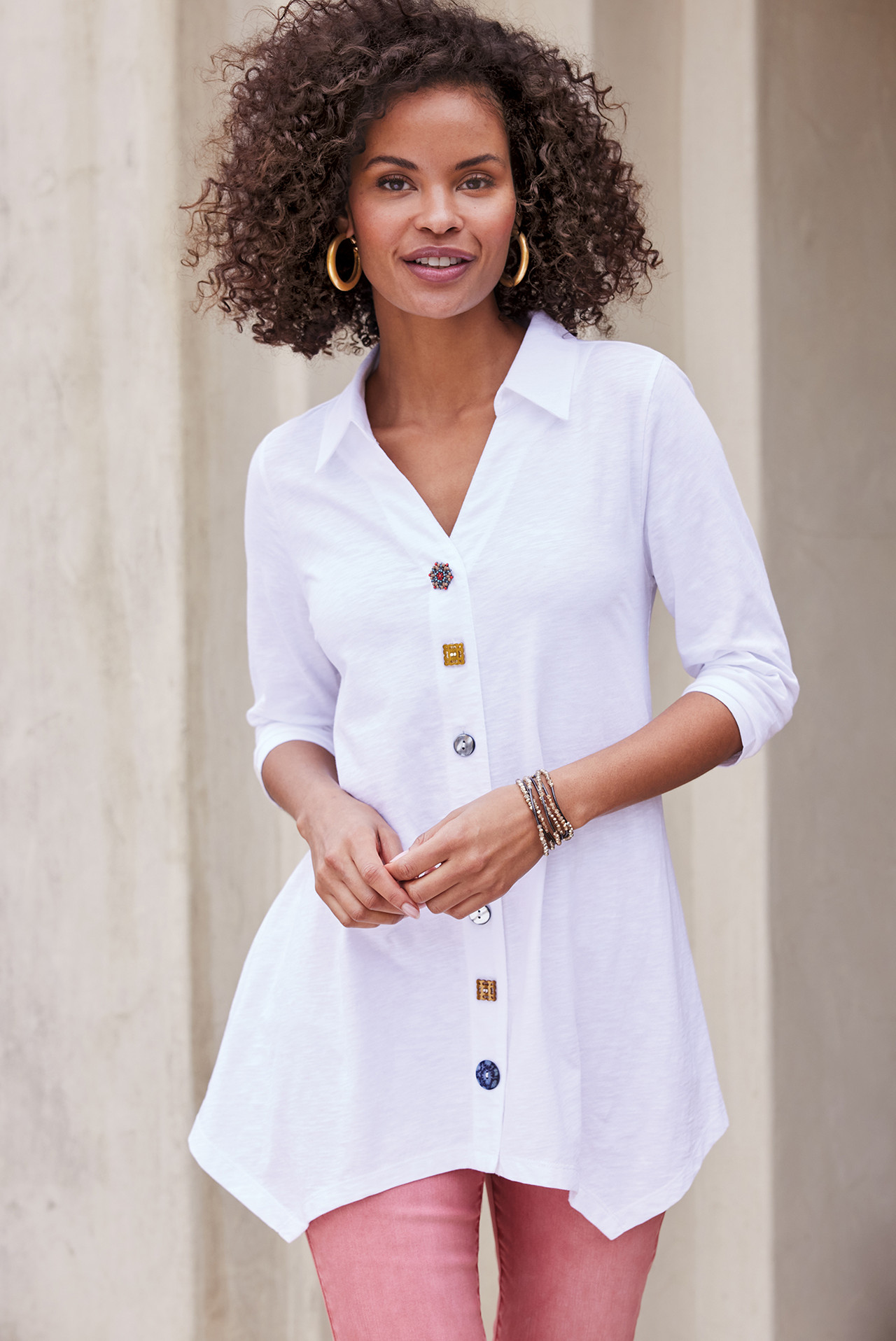 Danielle Button 3/4 Sleeve Tunic - Soft Surroundings Outlet