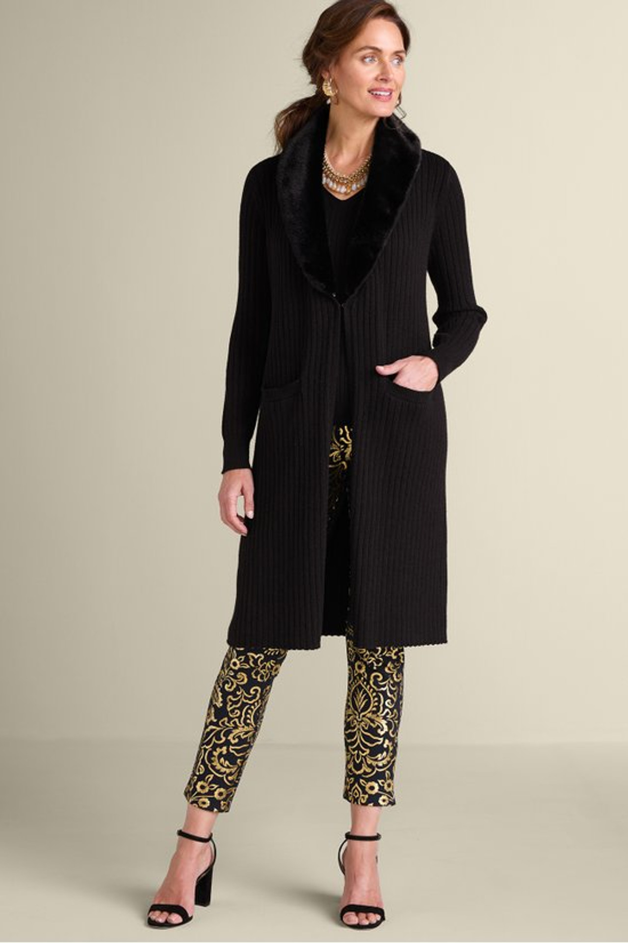 Amalie Faux Fur Collar Ribbed Cardigan - Soft Surroundings Outlet