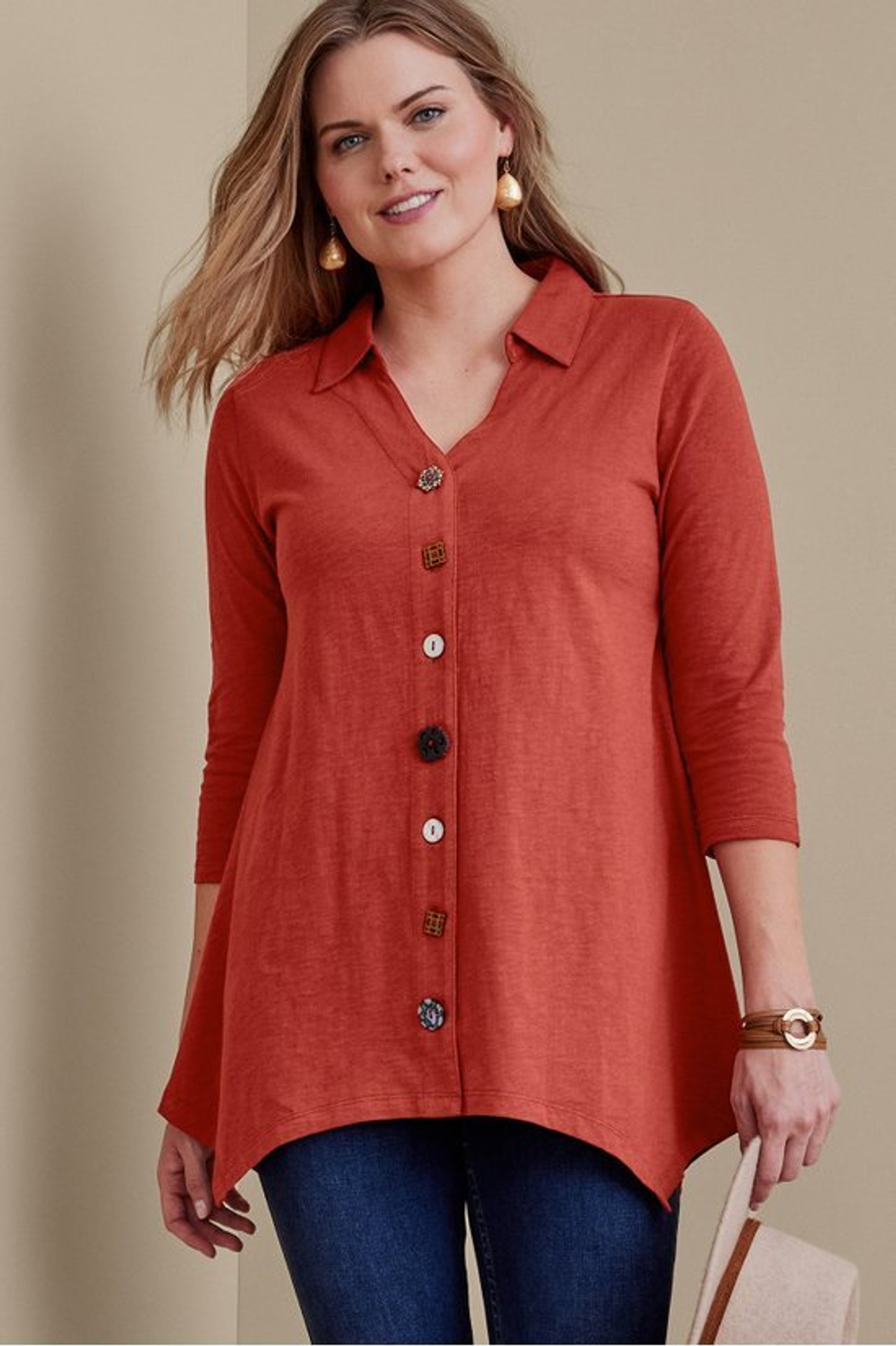 Danielle Button 3/4 Sleeve Tunic - Soft Surroundings Outlet