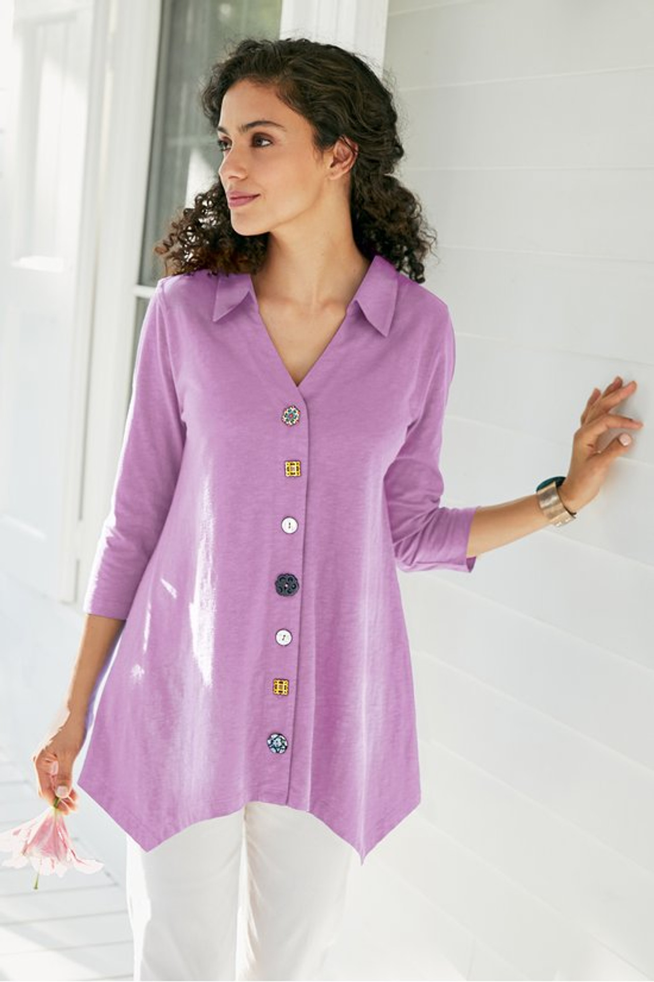 Danielle Button 3/4 Sleeve Tunic - Soft Surroundings Outlet