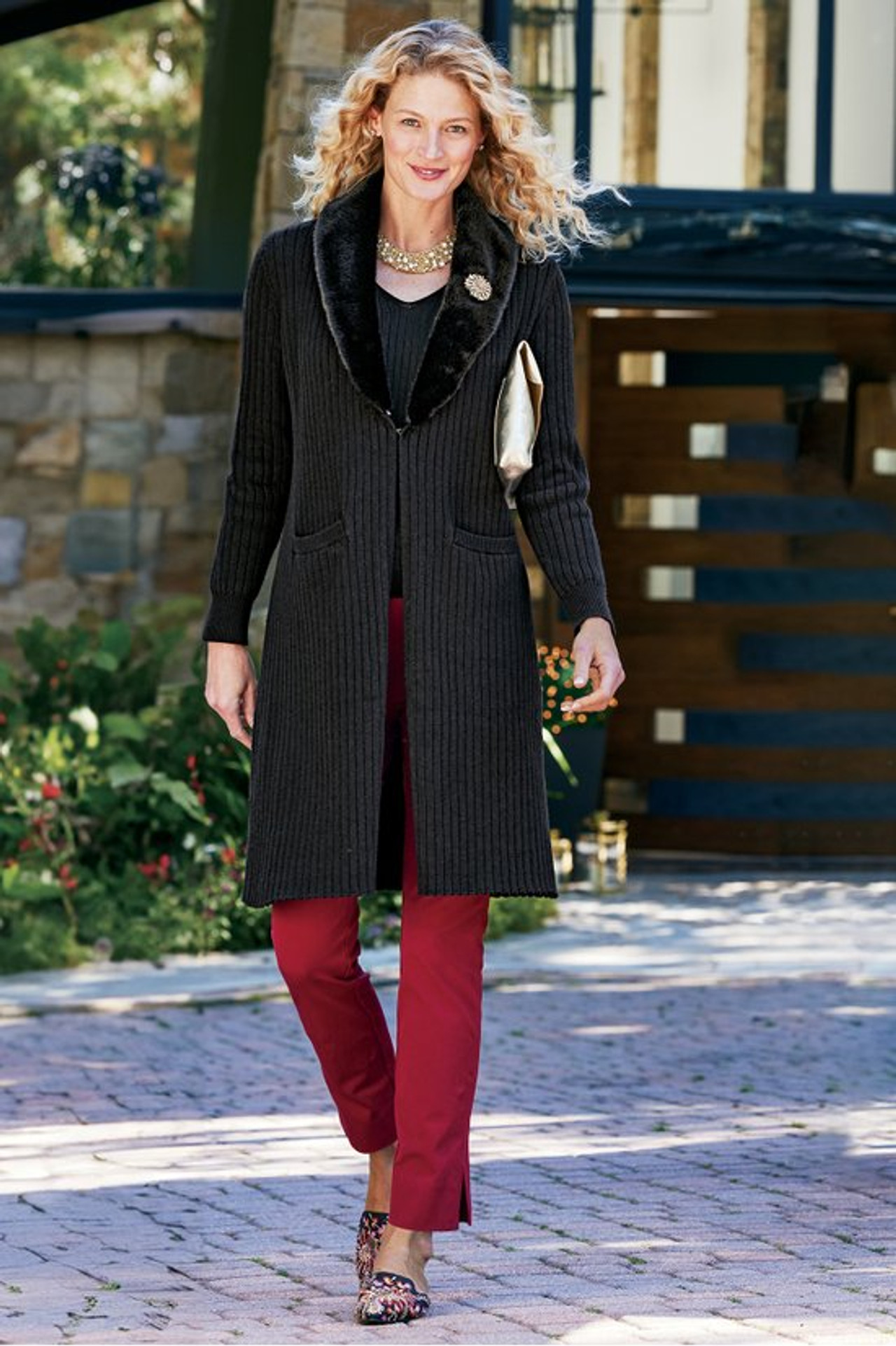 Amalie Faux Fur Collar Ribbed Cardigan - Soft Surroundings Outlet