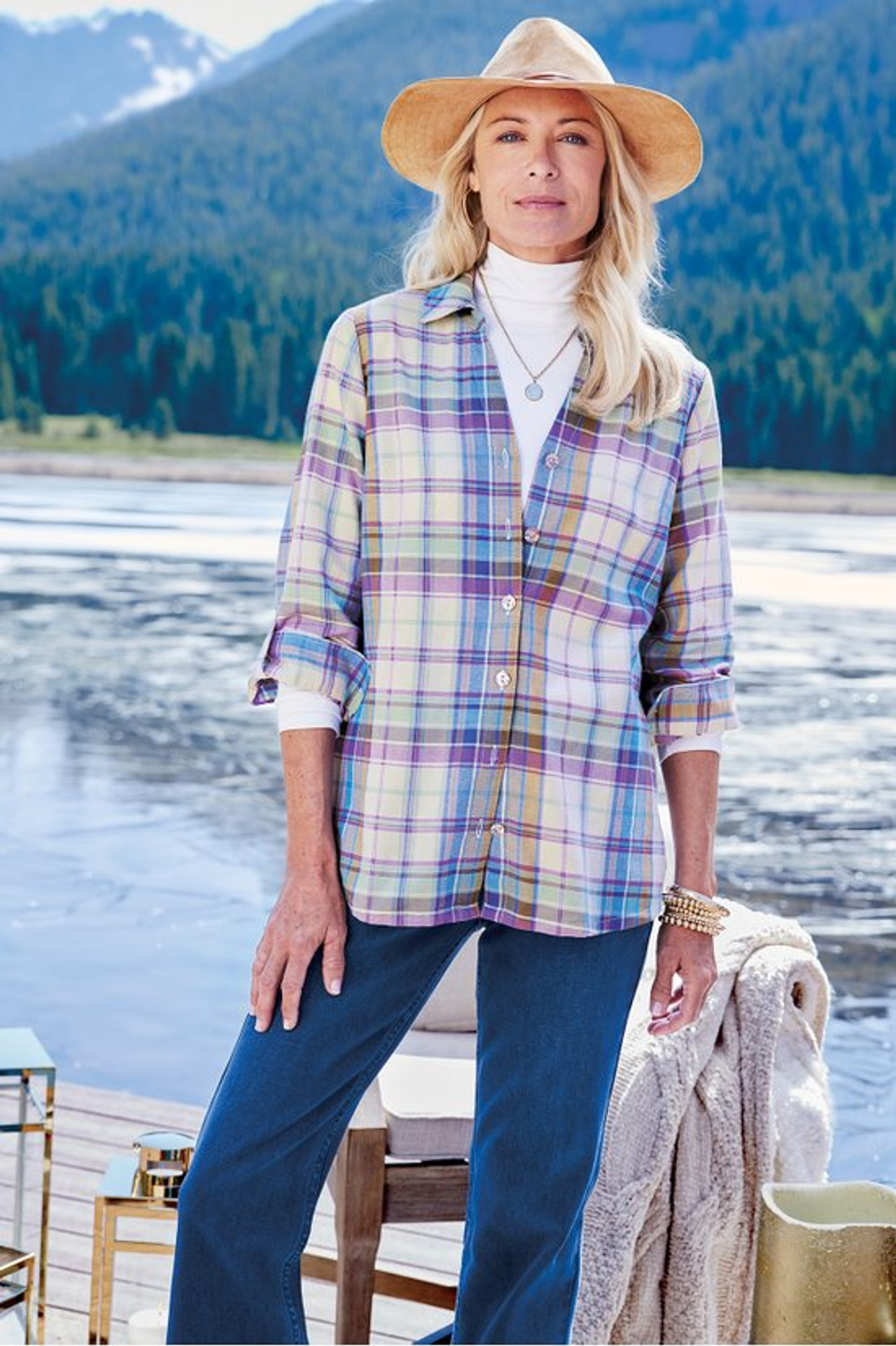 Janine Plaid Button-Front Tunic - Soft Surroundings Outlet