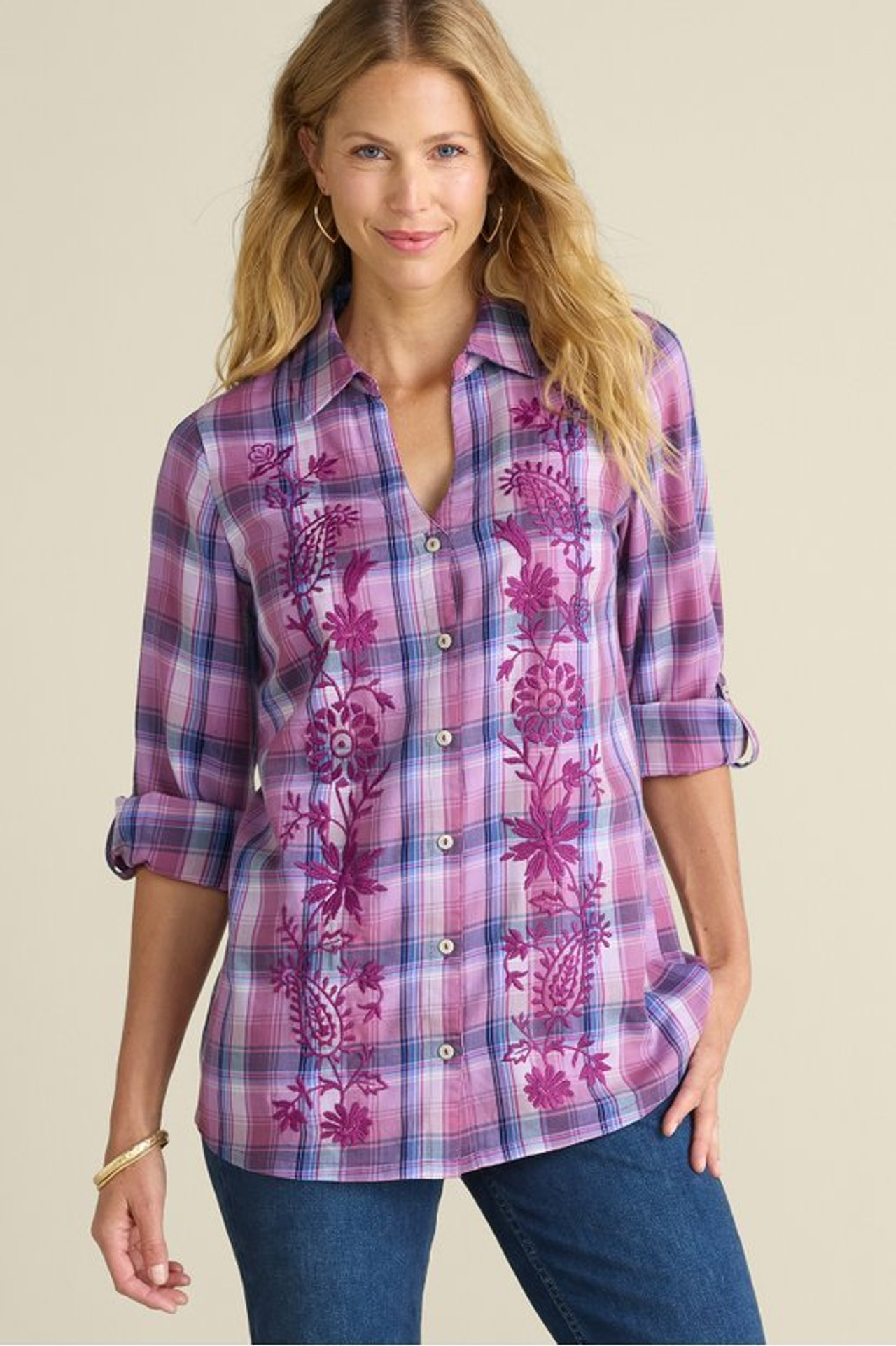 Gracie Embroidered Plaid Big Shirt - Soft Surroundings Outlet