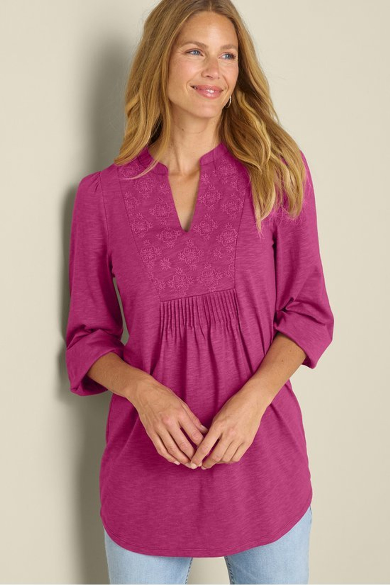 Mikaela Embroidered 3/4 Sleeve Tunic - Soft Surroundings Outlet