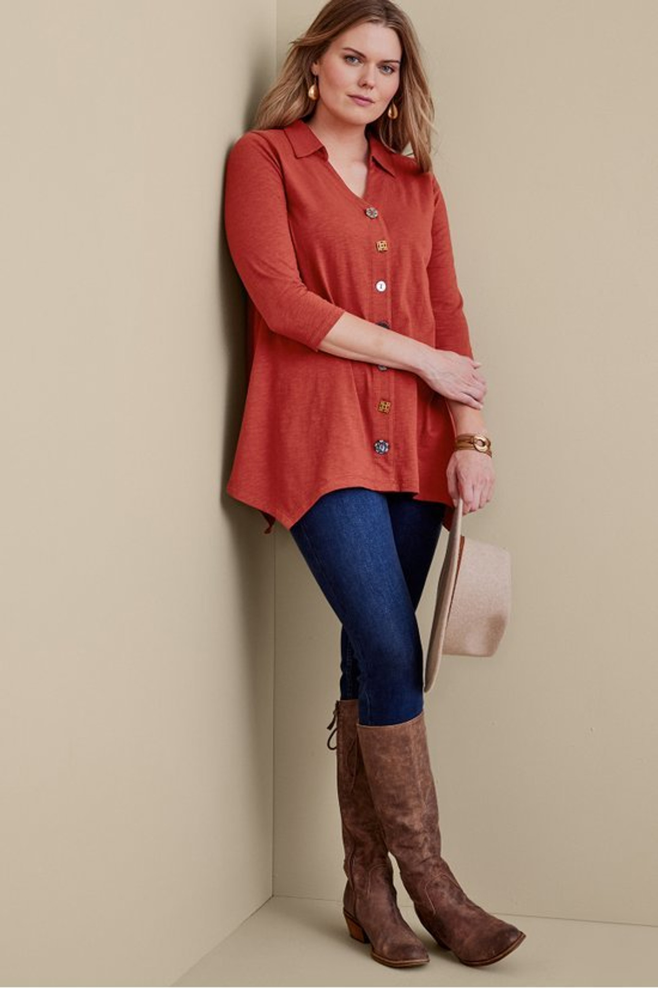 Danielle Button 3/4 Sleeve Tunic - Soft Surroundings Outlet