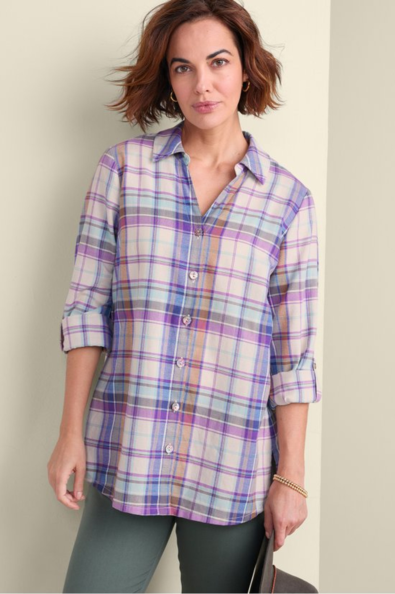 Janine Plaid Button-Front Tunic - Soft Surroundings Outlet