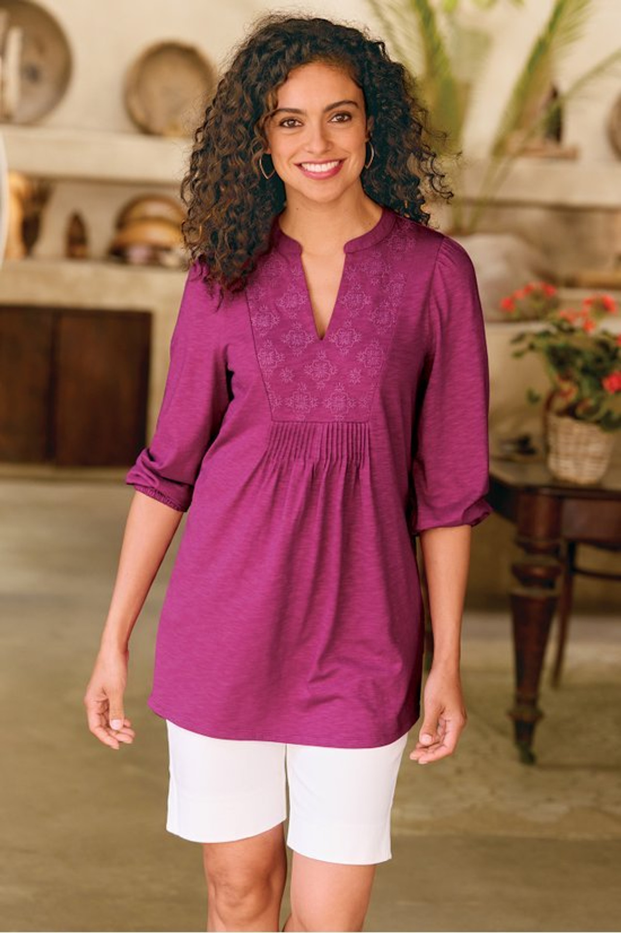 Mikaela Embroidered 3/4 Sleeve Tunic - Soft Surroundings Outlet