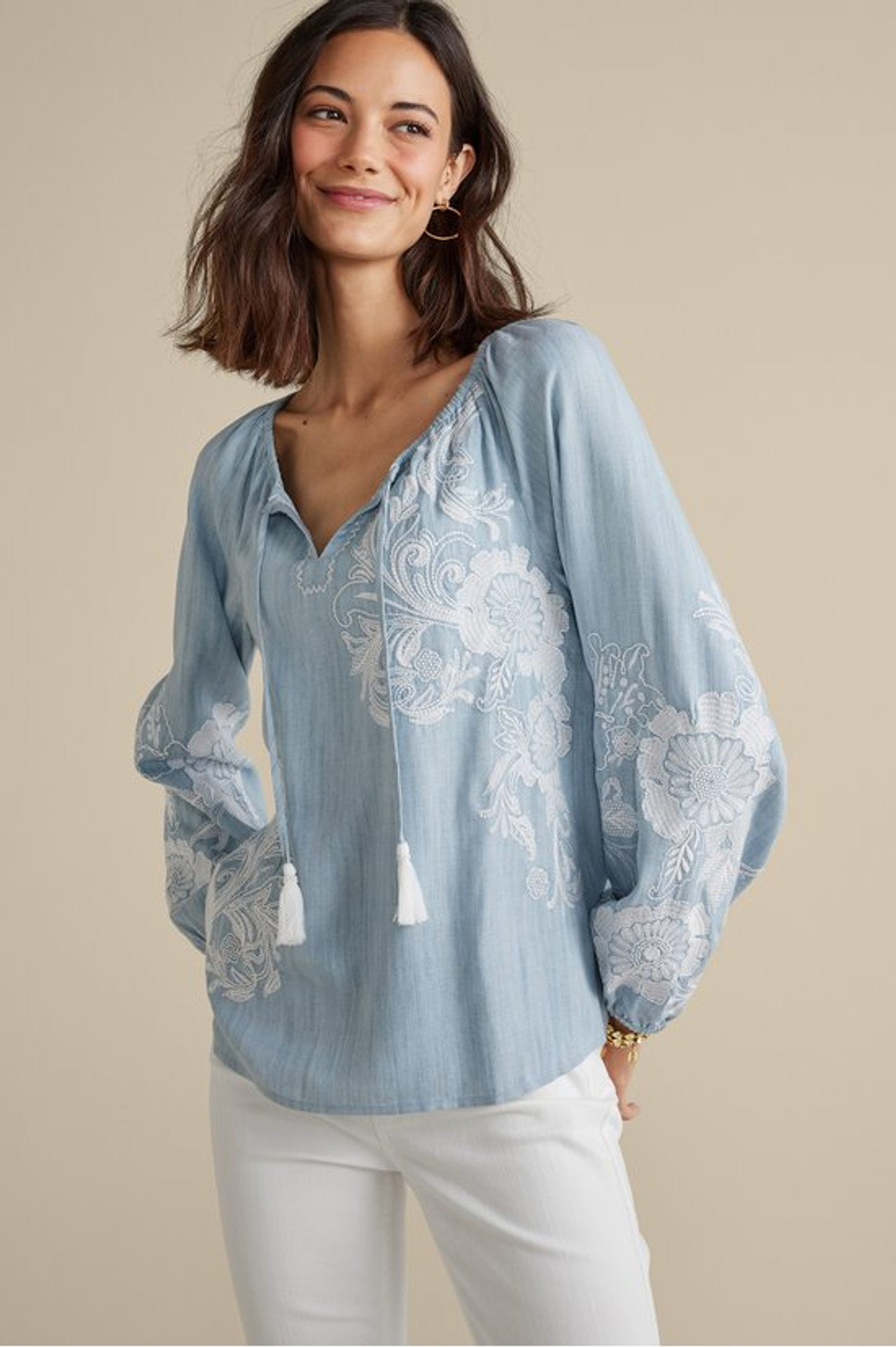 Diya Embroidered TENCEL™ Peasant Top - Soft Surroundings Outlet