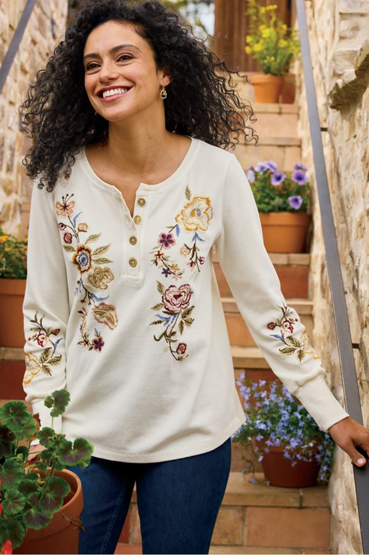 Krissy Embroidered Waffle Pullover - Soft Surroundings Outlet