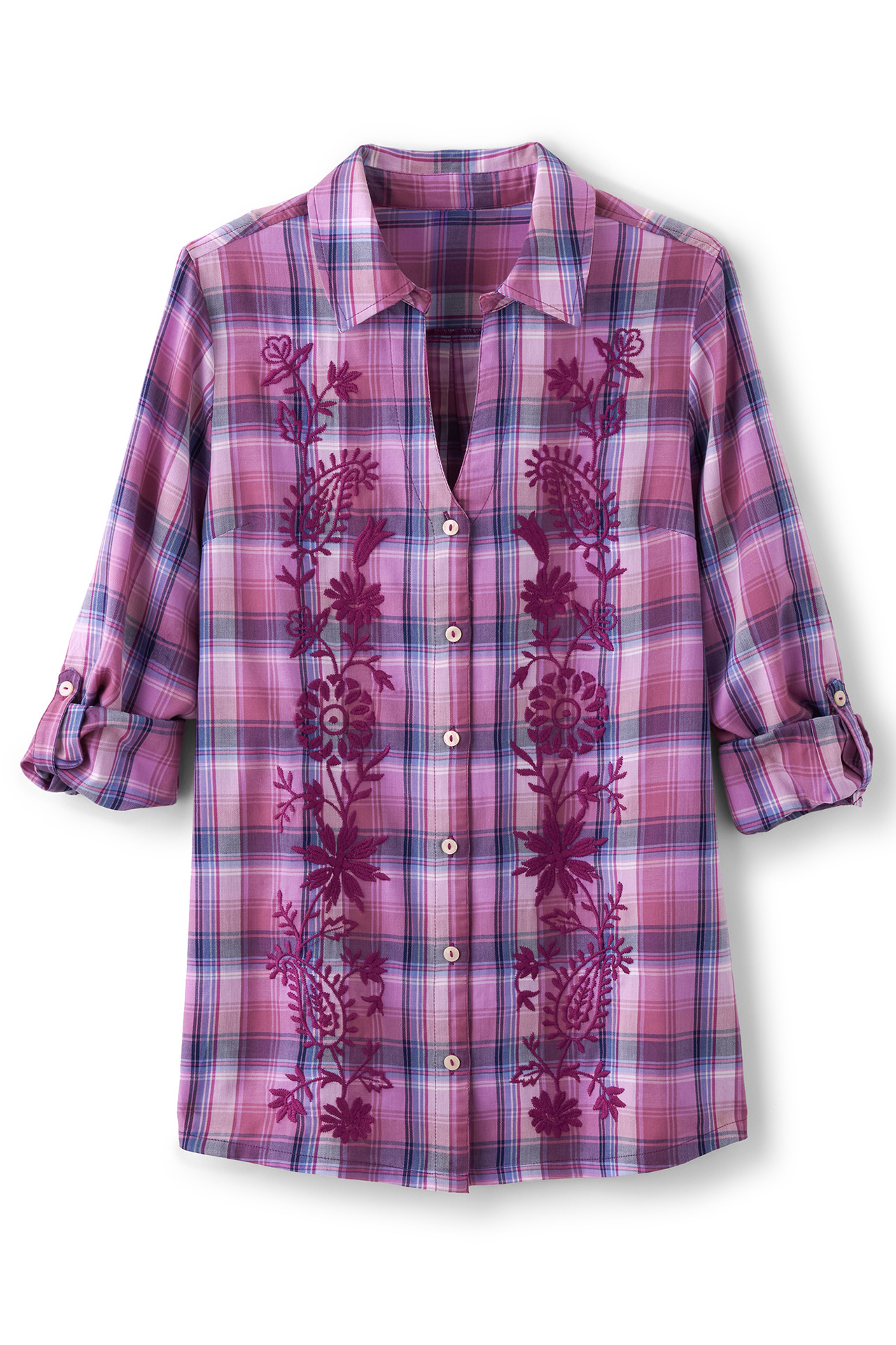 Gracie Embroidered Plaid Big Shirt - Soft Surroundings Outlet