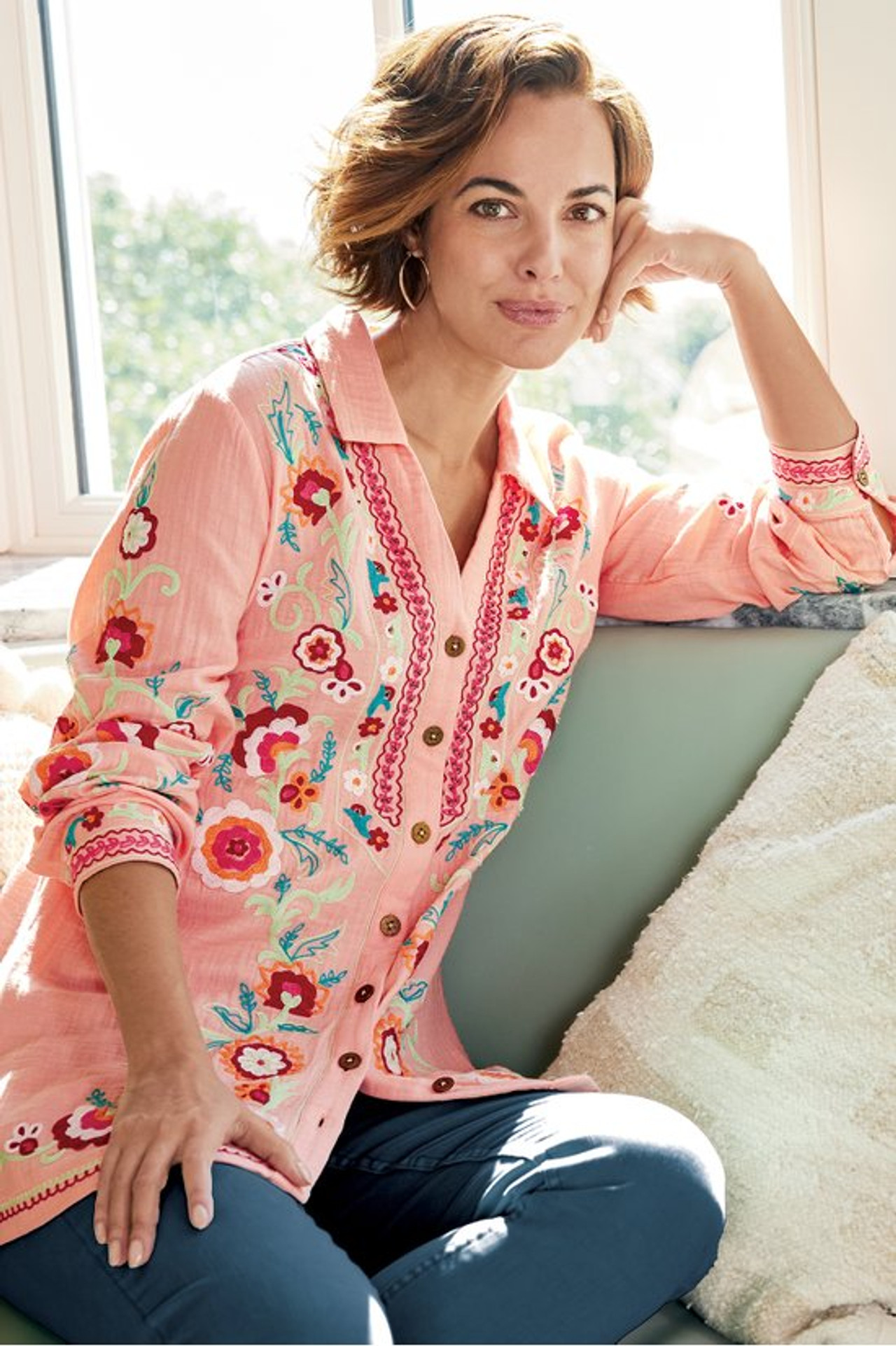 Alessia Embroidered Gauze Tunic - Soft Surroundings Outlet