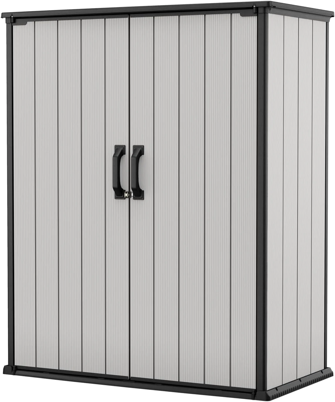 Keter Premier Tall 4.6 x 5.6 ft. Resin Outdoor Storage Shed with Shelving Brackets for Patio Furniture, Pool Accessories, and Bikes, Grey & Black