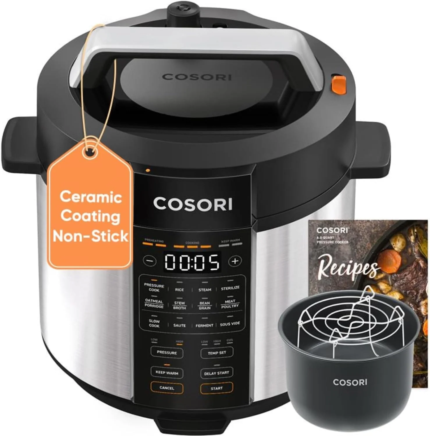 COSORI Pressure Cooker 6 qt, 9-in-1 Instant Multi Kitchen Appliances, Safer Venting Design, Rice Cooker, Slow Cooking Pot, Sous Vide, Saute Pot, 1100W, Stainless Steel