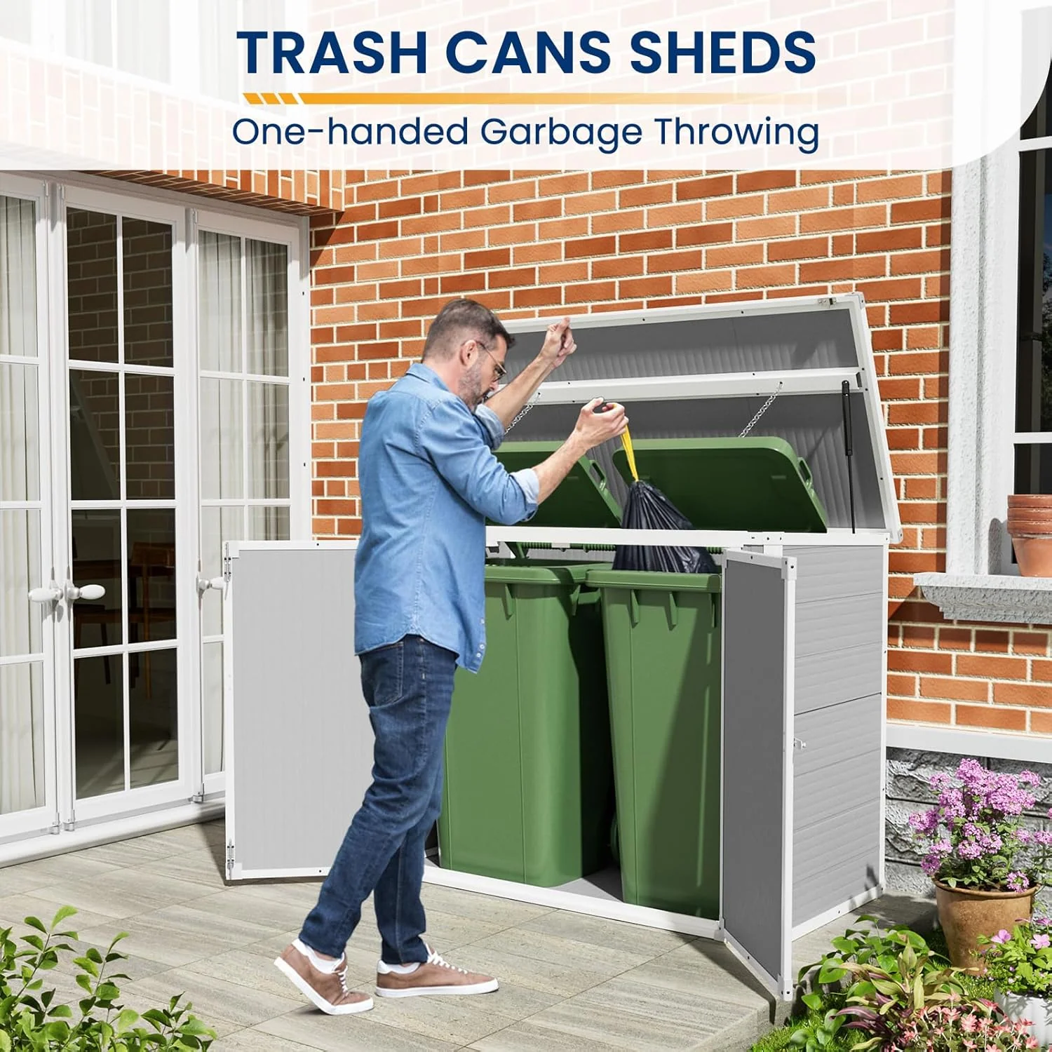 Amopatio 41 Cu Ft Horizontal Outdoor Storage Shed, Resin Trash Can Storage,Resin Shed for Garden Tools, Lawn Mowers, Garbage Cans, Patio Use