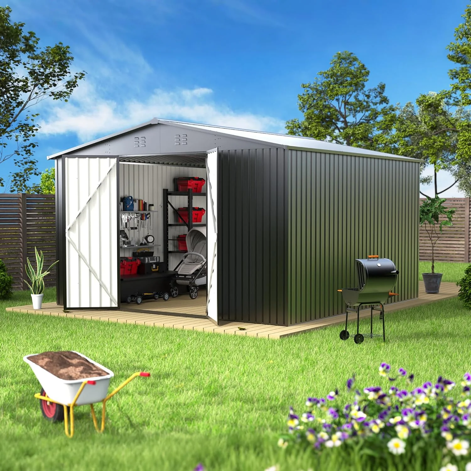 14 x 12 ft Outdoor Storage Shed, Metal Waterproof Storage Shed Steel Utility Garden Tool Shed