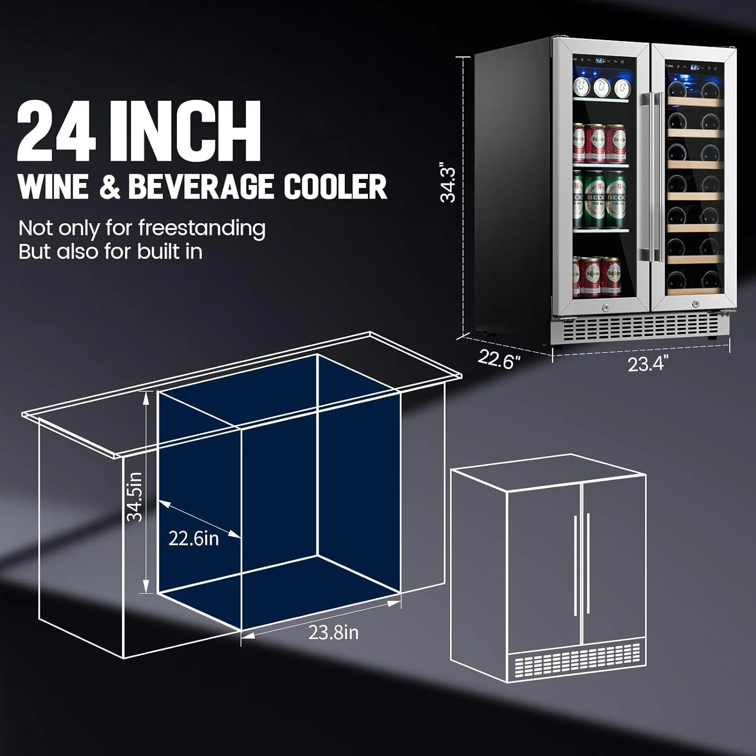 24 inch Dual Zone Beverage Refrigerator, 30 Bottles & 82 Cans Wine Fridge Built-in or Freestanding with Glass Door, Wine and Beverage Refrigerator Cooler for Kitchen Home Bar