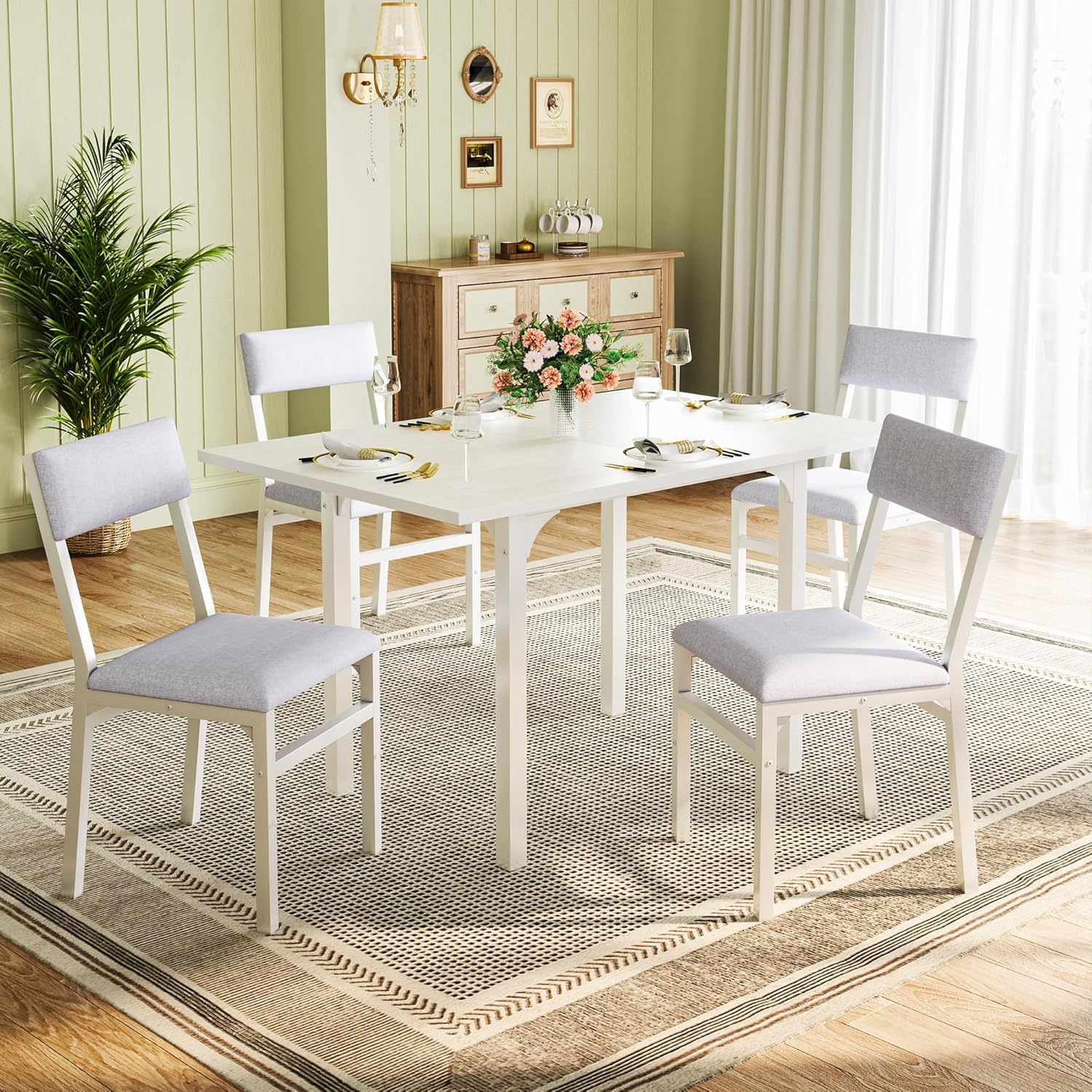 HUAHUU Dining Table Set for 4 Extendable Kitchen Table Cushion Chairs Rectangle Dining Table