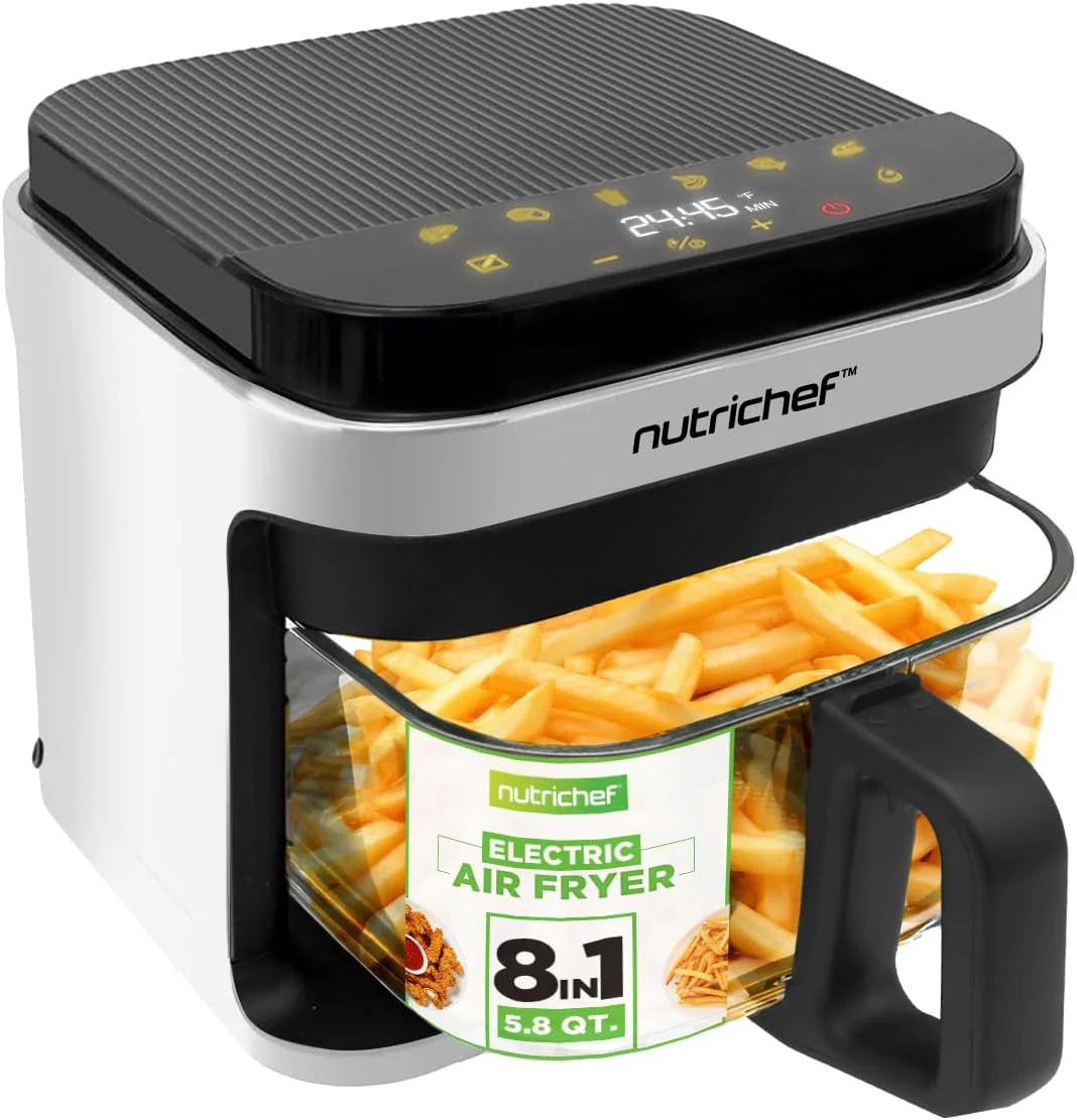 Nutrichef 5.8 Quart Air Fryer 8-1 Preset Cook Modes Transparent Fry Bowl